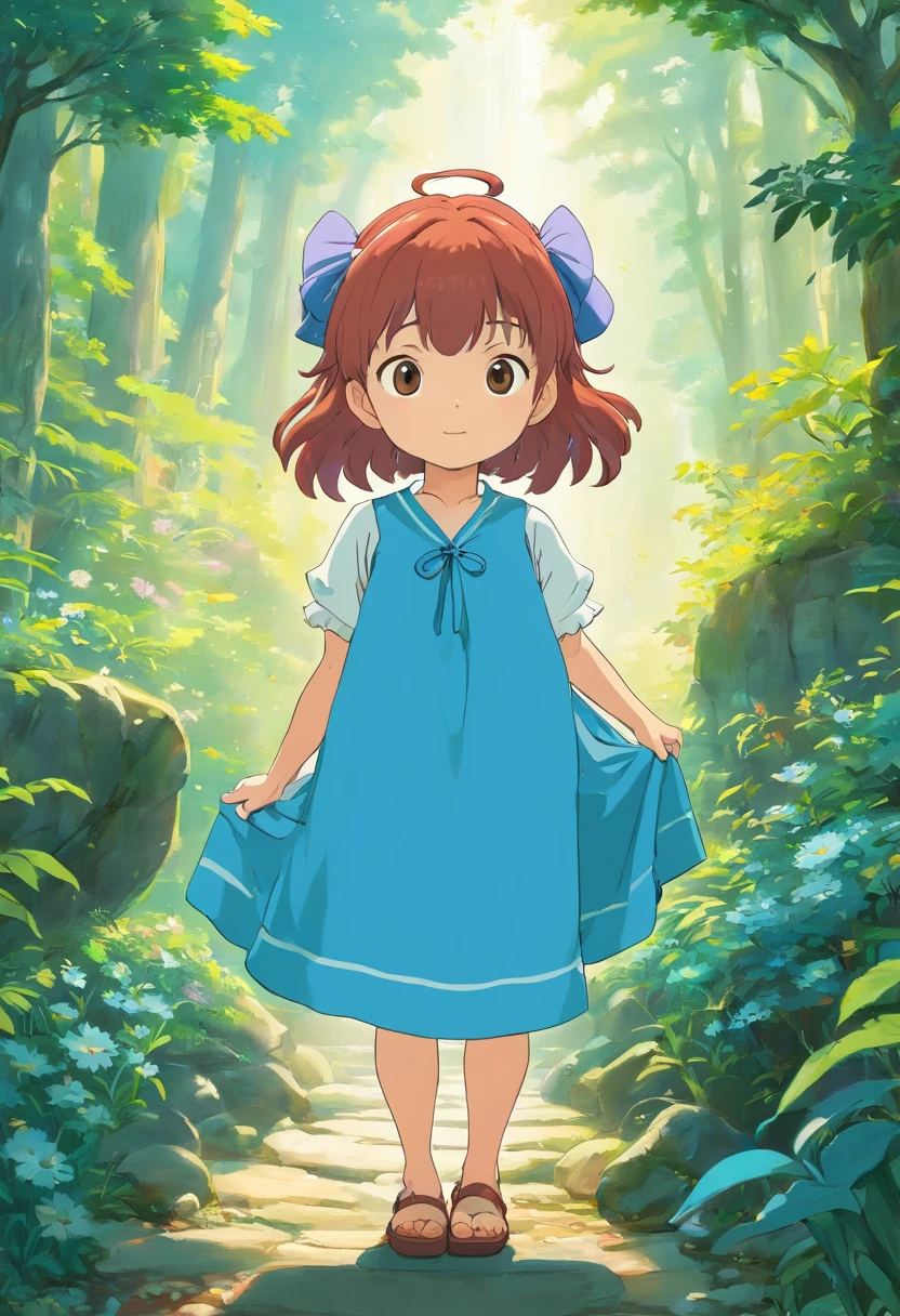 uma menina chibi, usando um vestido fofo azul, {{olhos amarelos e cabelos vermelhos}}, no estilo de paisagens de jardim tranquilas, animated color photos, Masami Teraoka, aquamarine, Paulo Gauguin, Estilo Embry, retrato honesto