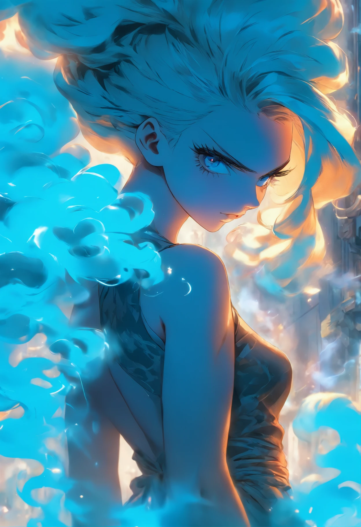 Realistic,  low angle from behind,  bending over 
A mystical smoke becoming the shape of a 
Bending over half body blue hair  woman,  bun hair. Straight smoky hair. The smoke  and the dust are inside her skin,  dress and veil. 
Transparent veil,  blue smoky hair. Her skin is transparent. 40 years old. She wears a bracelet with dull shells. 

Extremely detailed,  textured,  Half-body,  straight hair,  shiny Brilliant hair,  eyes staring to the camera,  perfect face,  perfect hands,  Low level,  very_high_resolution,  highres,  ultra detailed,  (woman:1.3)