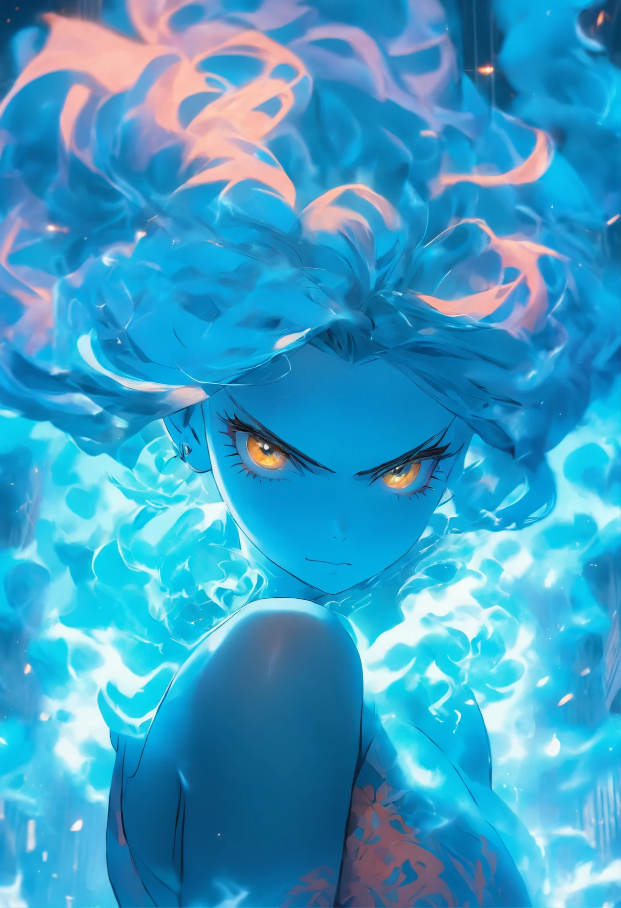 Realistic, low angle from behind, bending over
A mystical smoke becoming the shape of a
Bending over half body blue hair woman, bun hair. Straight smoky hair. The smoke and the dust are inside her skin, dress and veil.
Transparent veil, blue smoky hair. Her skin is transparent. 40 years old. She wears a bracelet with dull shells.
Extremely detailed, textured, Half-body, straight hair, shiny Brilliant hair, eyes staring to the camera, perfect face, perfect hands, Low level, very_high_resolution, highres, ultra detailed, (woman:1.3)