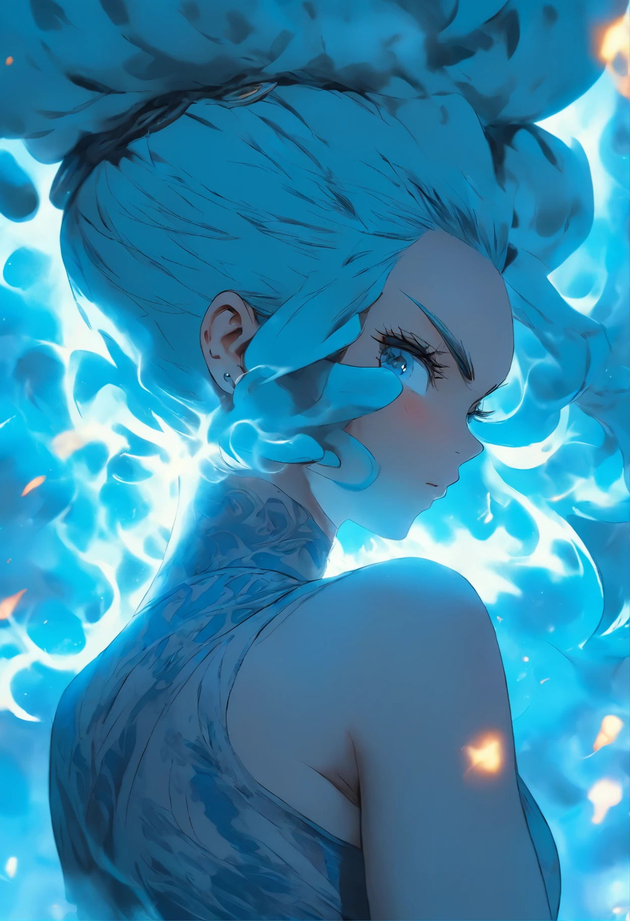Realistic, low angle from behind, bending over
A mystical smoke becoming the shape of a
Bending over half body blue hair woman, bun hair. Straight smoky hair. The smoke and the dust are inside her skin, dress and veil.
Transparent veil, blue smoky hair. Her skin is transparent. 40 years old. She wears a bracelet with dull shells.
Extremely detailed, textured, Half-body, straight hair, shiny Brilliant hair, eyes staring to the camera, perfect face, perfect hands, Low level, very_high_resolution, highres, ultra detailed, (woman:1.3)