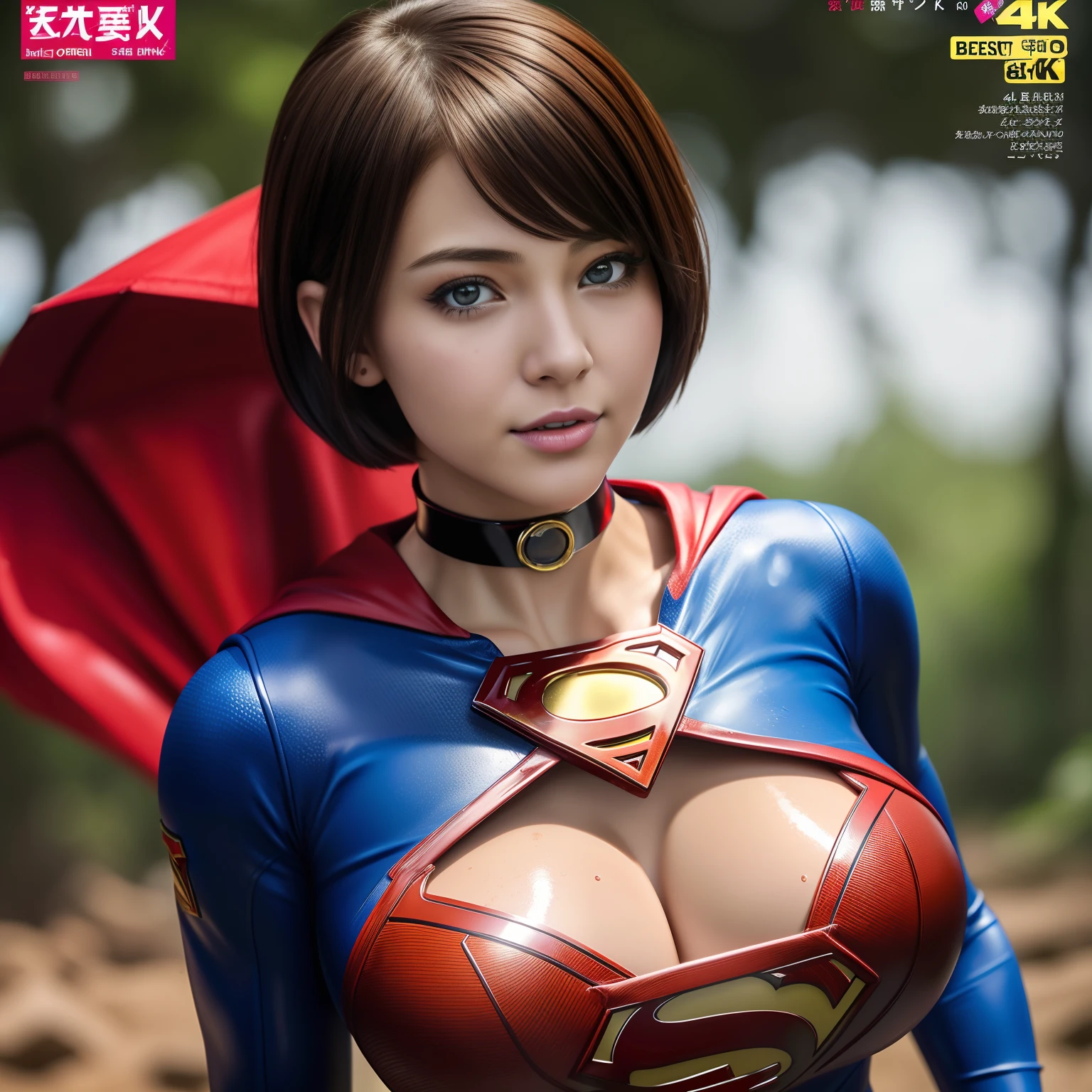(Best Quality,4K,8K,hight resolution,masutepiece:1.2),Ultra-detailed,Realistic:1.37,Super masterpiece,Short-haired Supergirl stuck in a quagmire、large full breasts、Looking at the camera、Glossy costume、a choker、Covered in mud、Weekly magazine cover、Splattering droplets
