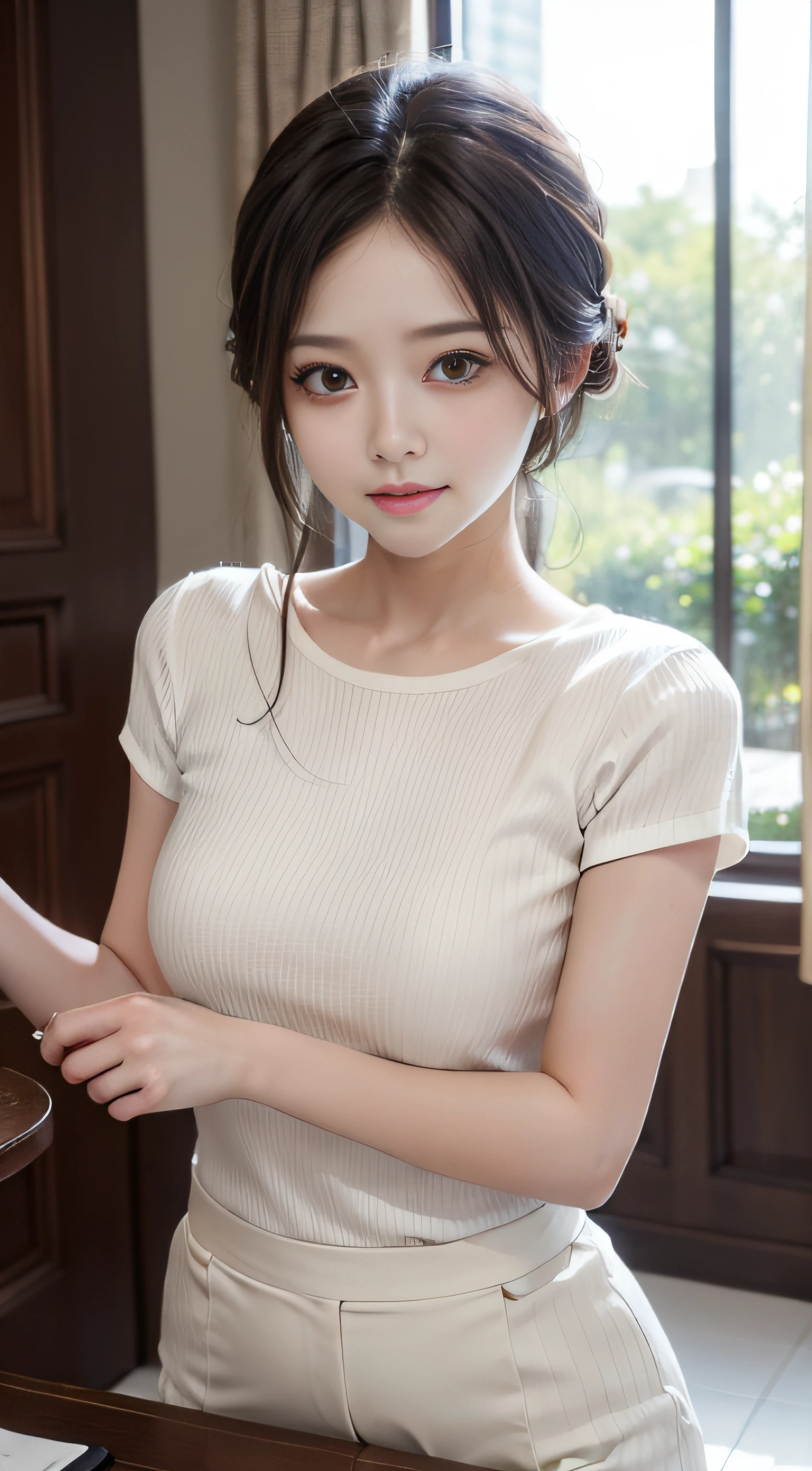 masterpiece、Top image quality:1.2、((beautiful young woman with))、Transparent skin:1.2、{A slight smil}、(kawaii)、Short sleeve knit、luxury hotel、depth of fields、Sharp Focus