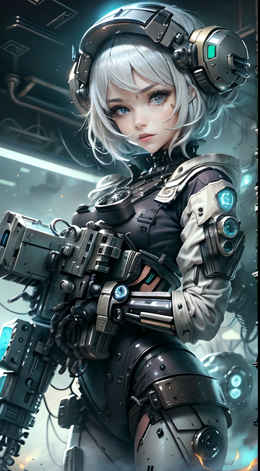 unreal engine:1.4,CG K ultra realistic, photorealistic:1.4, skin texture:1.4, artwork 1girl, Gatling gun, Casing, looking at viewer, dynamic pose, Blows, ammunition belt, gloves, large breasts not disproportionate, shooting , extremely detailed:1.4, more detailed, optical mix, playful patterns, animated texture, unique visual effect, or cyberpunk yellow color, red pantyhose, yellow leather miniskirt, masterpiece, ((colors, cyan, greens, pink, brown: 1.2)), 8k realistic digital art)), 32k