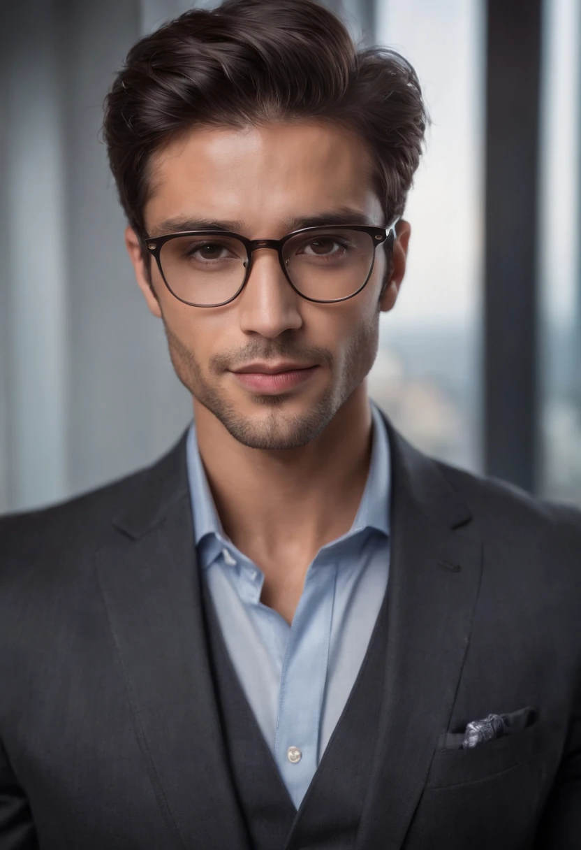 hyper realistic, selfie, penthouse suite background, a handsome man, dark tan skin, dark hair, stubble, chiseled jaw, muscular, glasses, black pinstripe suit,