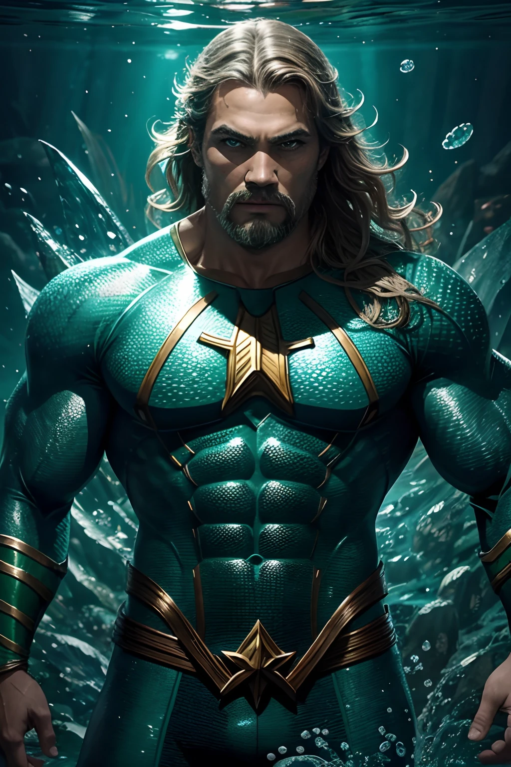 Aquaman sitting in style, close up, ethereal wind armor, in the style of mdrnkz3