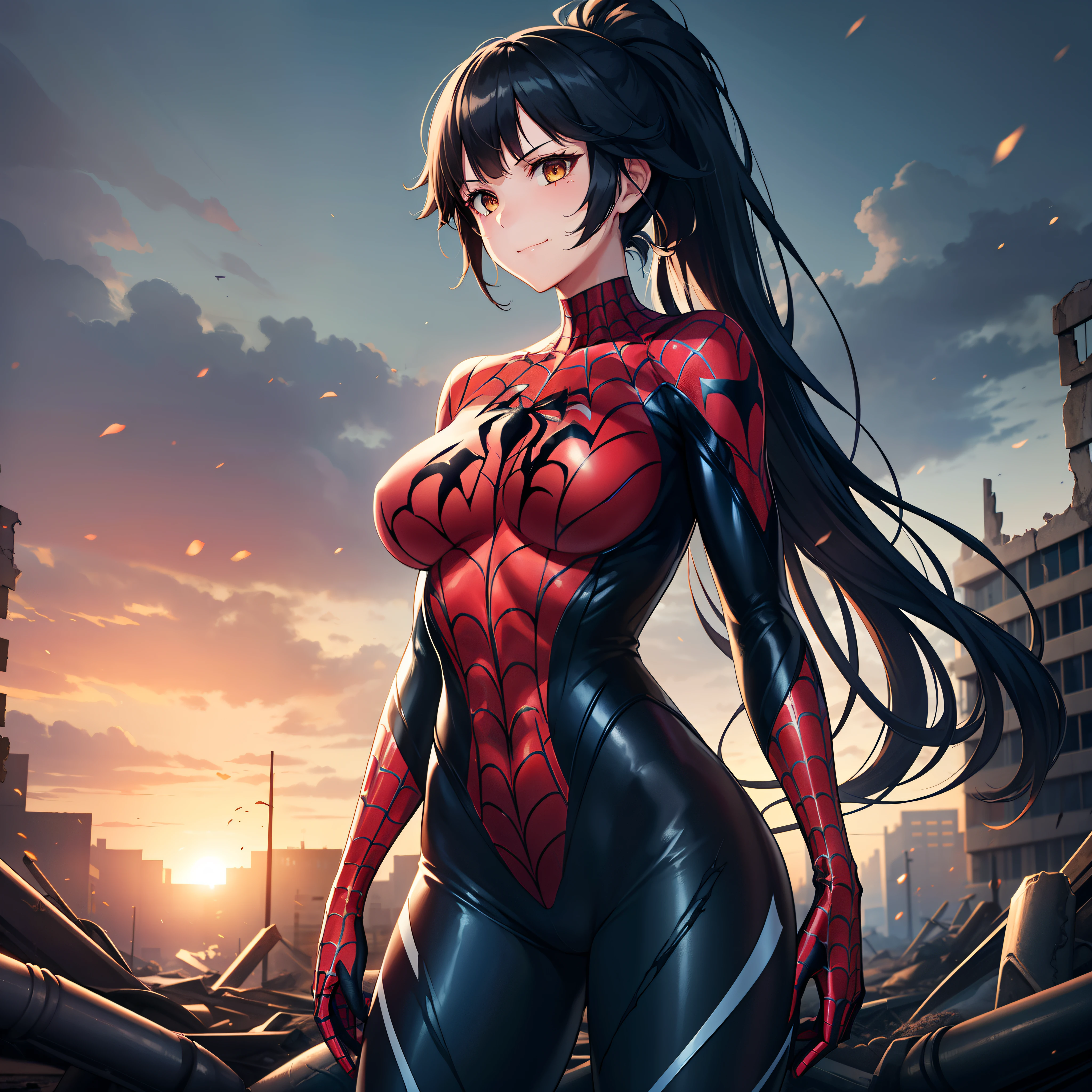 1girl,,big breasts,standing in ruined city,(8k),scratches,detailed face,black hair,brown eyes,very long hair,embarassed,small smile face,ponytail,hair, high_res, high_definition,the battlefield,battle pose,dark suit, (symbiote spider man Custome:1.1),