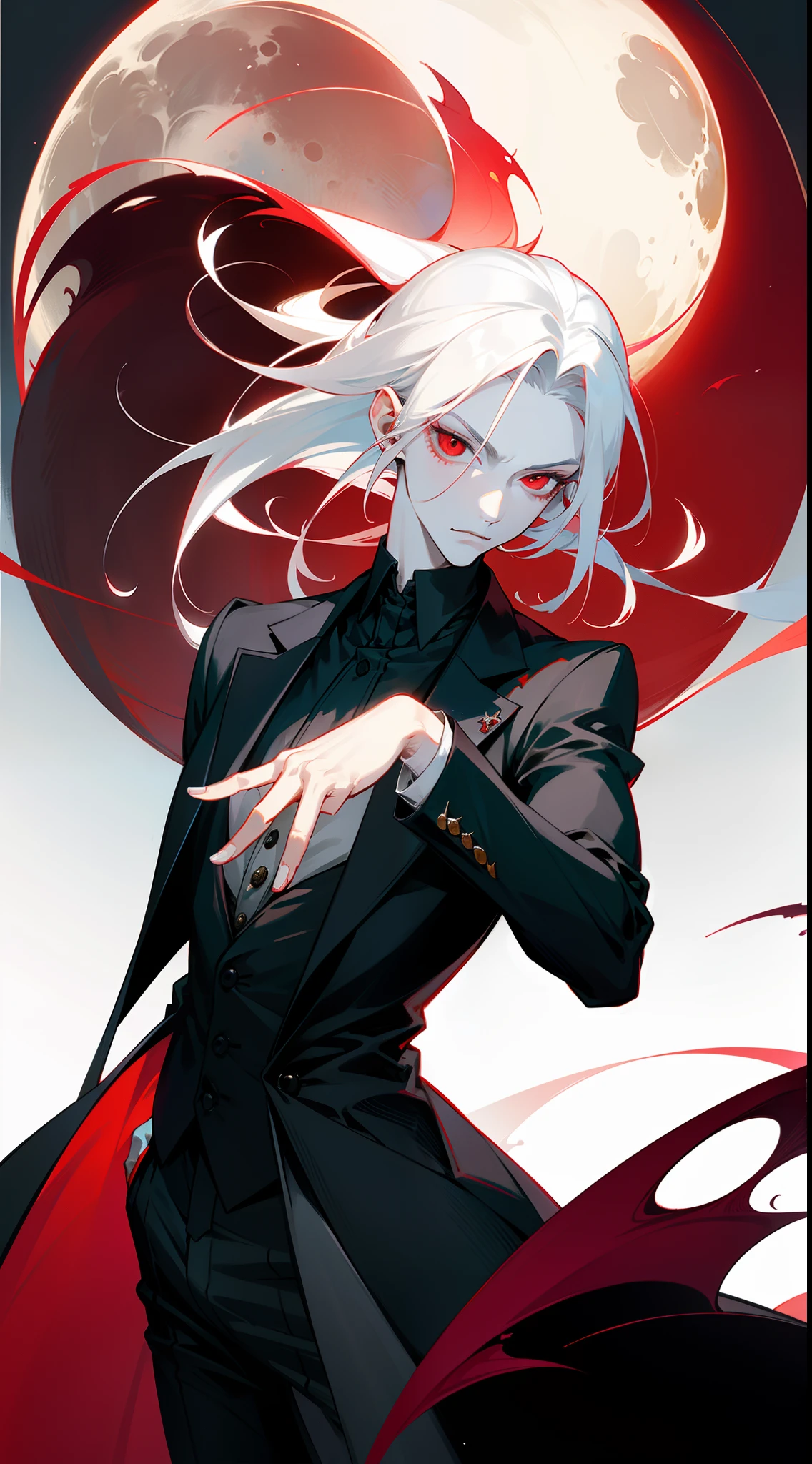 With a graceful stance, a male vampire poses for his portrait. His anime-style appearance is enhanced by his long, white hair and striking red eyes. He wears a tailored suit, adding a touch of sophistication to his pale white skin. The full moon shines brightly in the background, adding a touch of mystery to the image.