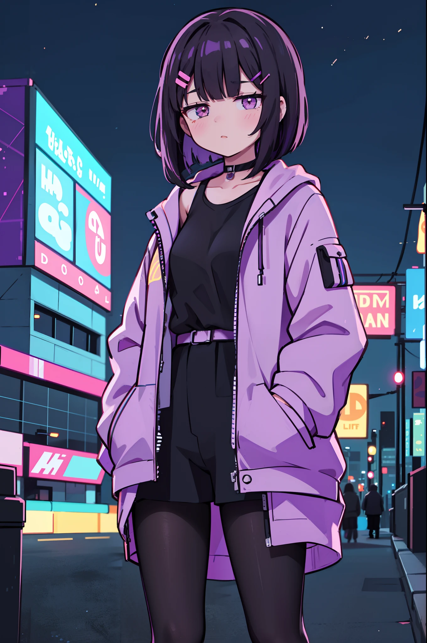 1girl, solo, *********, (black hair), (colored inner hair, purple hair), straight hair, bob cut, short hair, assymmetrical sidelocks, bang pinned back, hairclip, brown eyes, calm behaviour, inexpressive, medium breasts, choker, white shirt, black fabric shorts, (pantyhose:1.1), jacket, big jacket, thighs, (hands on pockets), night city, cyberpuk, colorful, beautiful, ((neon lights)), masterpiece, best quality, 4k