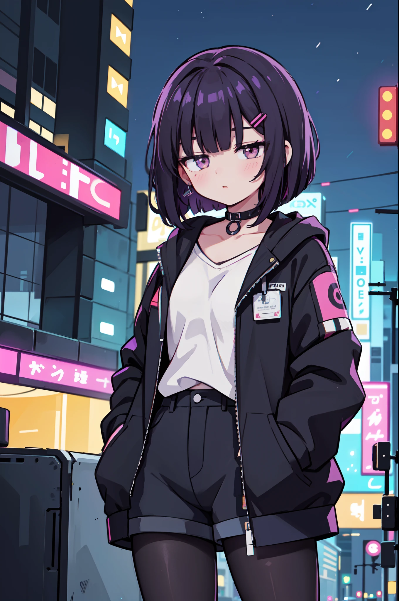 1girl, solo, teen girl, (black hair), (colored inner hair, purple hair), straight hair, bob cut, short hair, assymmetrical sidelocks, bang pinned back, hairclip, brown eyes, calm behaviour, inexpressive, medium breasts, choker, white shirt, black fabric shorts, (pantyhose:1.1), jacket, big jacket, thighs, (hands on pockets), night city, cyberpuk, colorful, beautiful, ((neon lights)), masterpiece, best quality, 4k