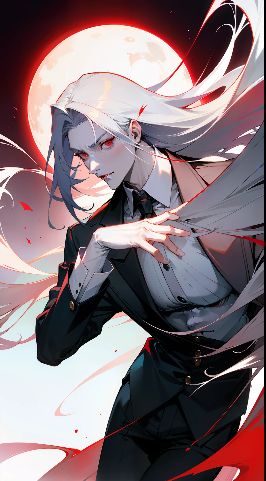 With a graceful stance, a male vampire poses for his portrait. His anime-style appearance is enhanced by his long, white hair and striking red eyes. He wears a tailored suit, adding a touch of sophistication to his pale white skin. The full moon shines brightly in the background, adding a touch of mystery to the image.