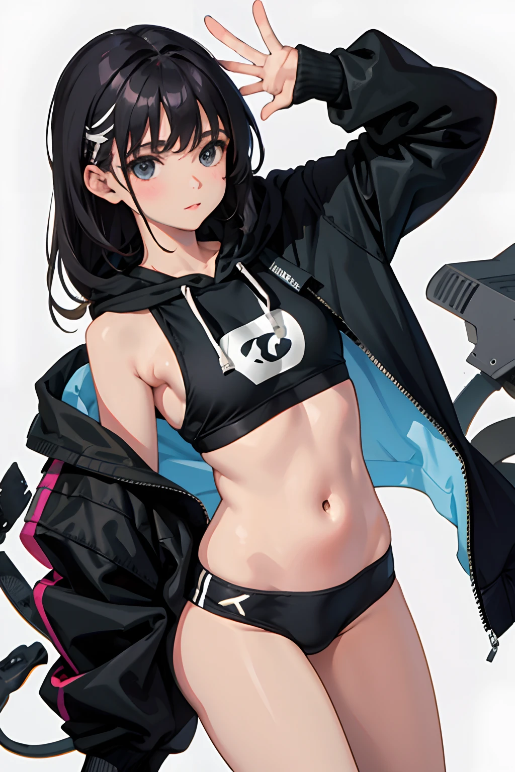 child，（​masterpiece，Highest Quality），Sportsbra，Lightweight hoodie，A dark-haired