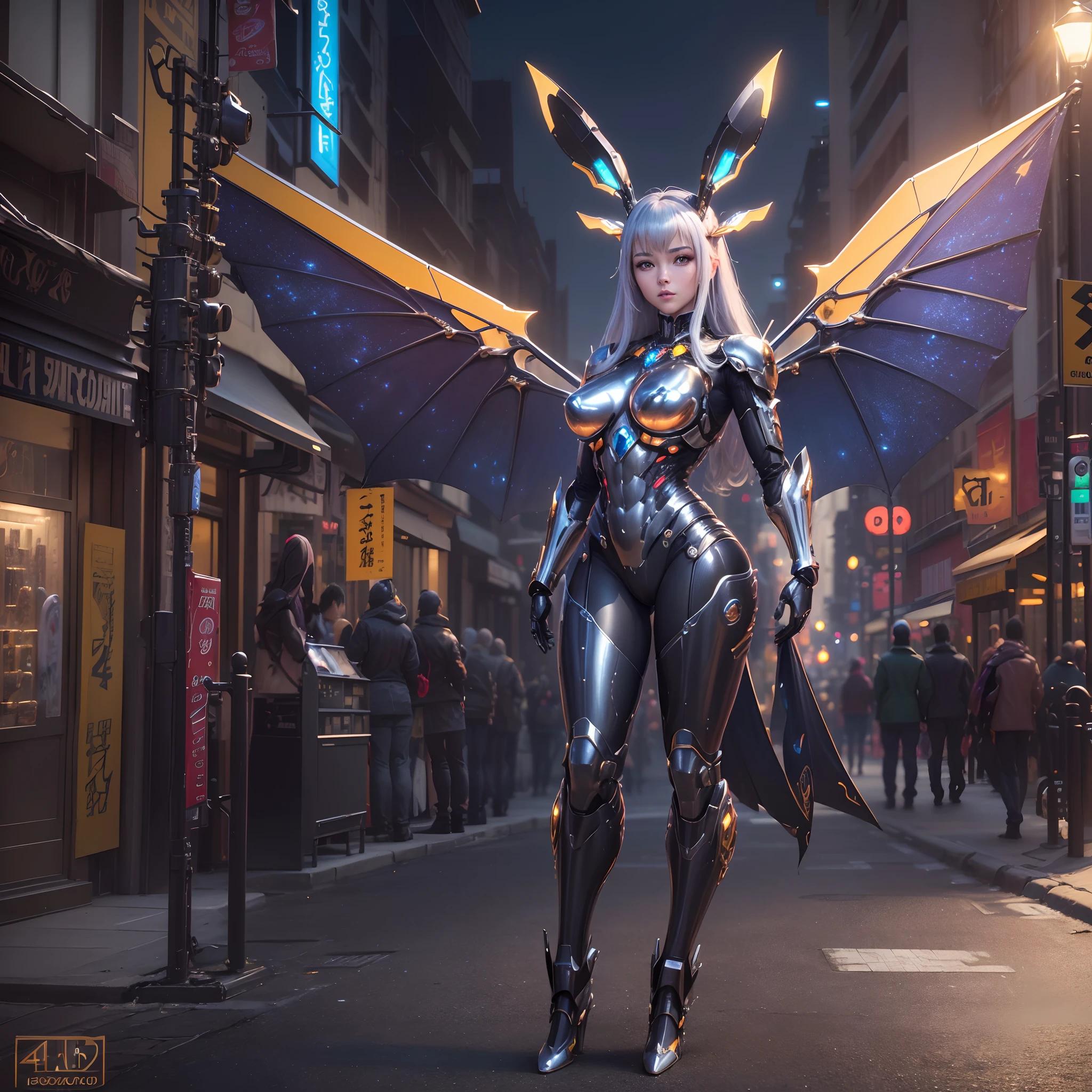 (Best quality,4K,8K,A high resolution,Masterpiece:1.2),Ultra-detailed,(Realistic,Photorealistic,photo-realistic:1.37),Long-range shots，Robot woman，Huge wings,Rabbit ears，Shiny metal skin,[Mechanical body,Mechanical limb]。nigth,frontage，(which stands on the street)。Vibrant colors。Science fiction art style.