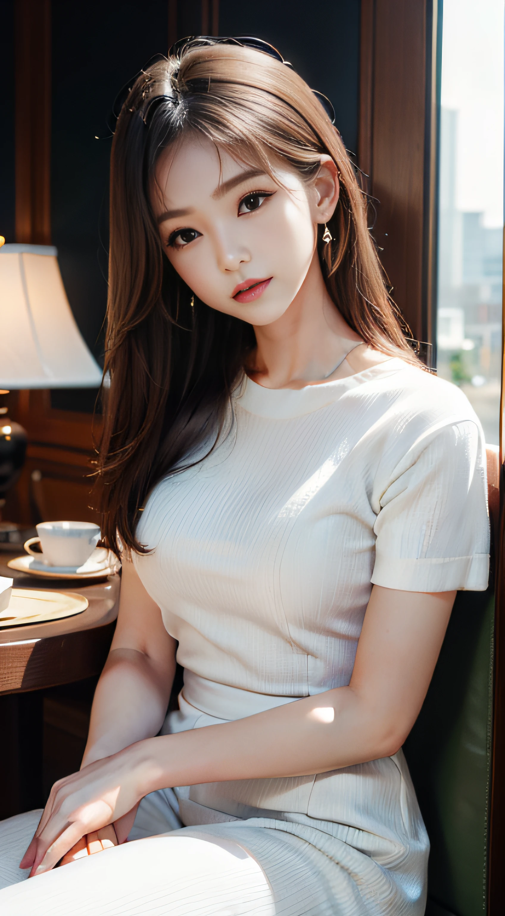 masterpiece、Top image quality:1.2、((beautiful young woman with))、Transparent skin:1.2、{A slight smil}、(kawaii)、Short sleeve knit、luxury hotel、depth of fields