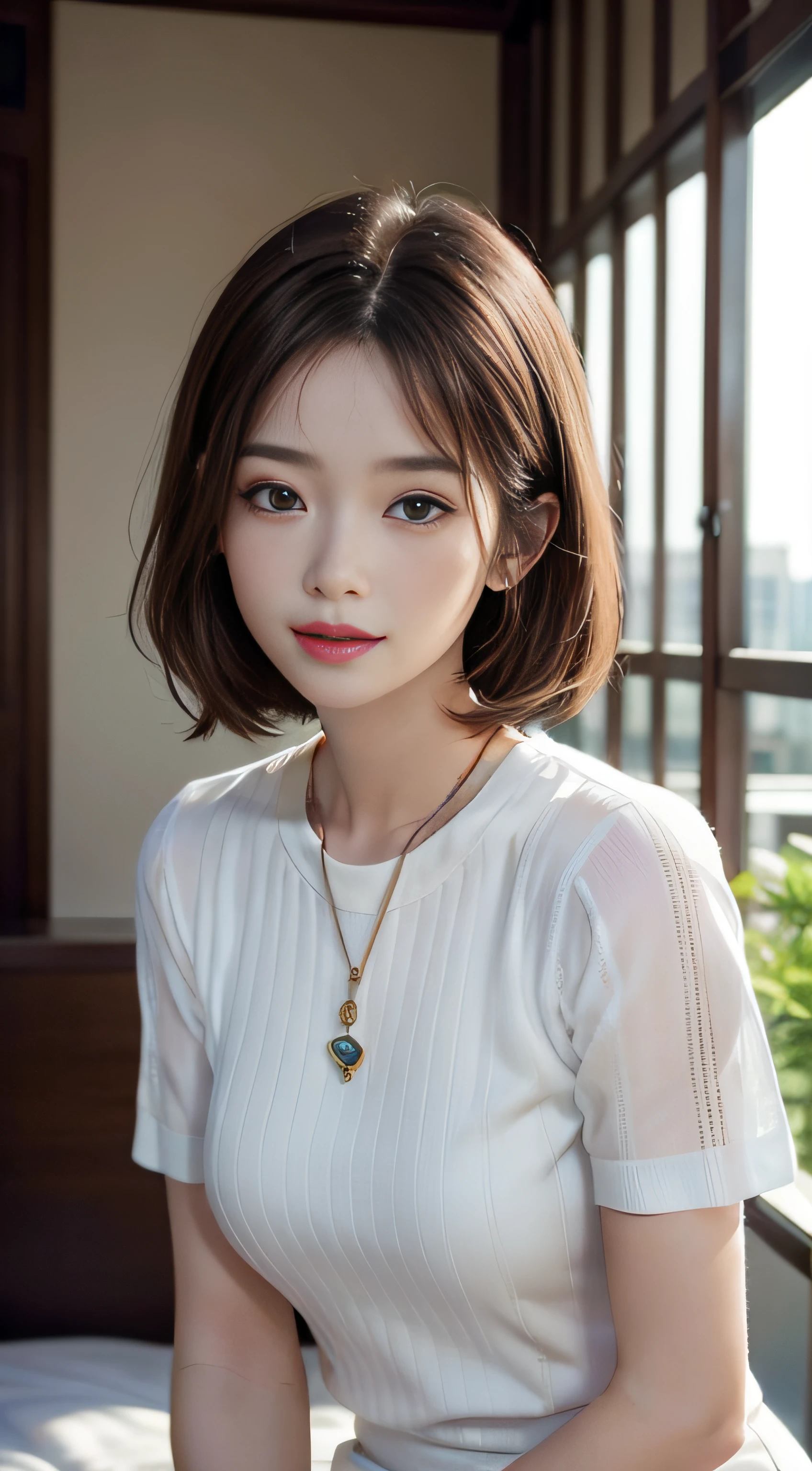 ​masterpiece、Top image quality:1.2、((beautiful young woman with))、Transparent skin:1.2、{A slight smil}、(kawaii)、Short sleeve knit、luxury hotel、depth of fields