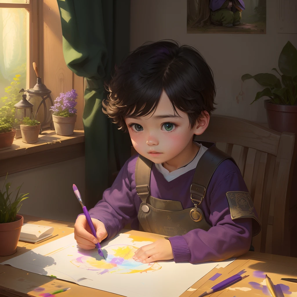 A cute  with a fat mound,Sit in a fantasy forest full of green and purple hands,Inside with a brush and drawing at the drawing board,The blue-purple R is written on the drawing board.