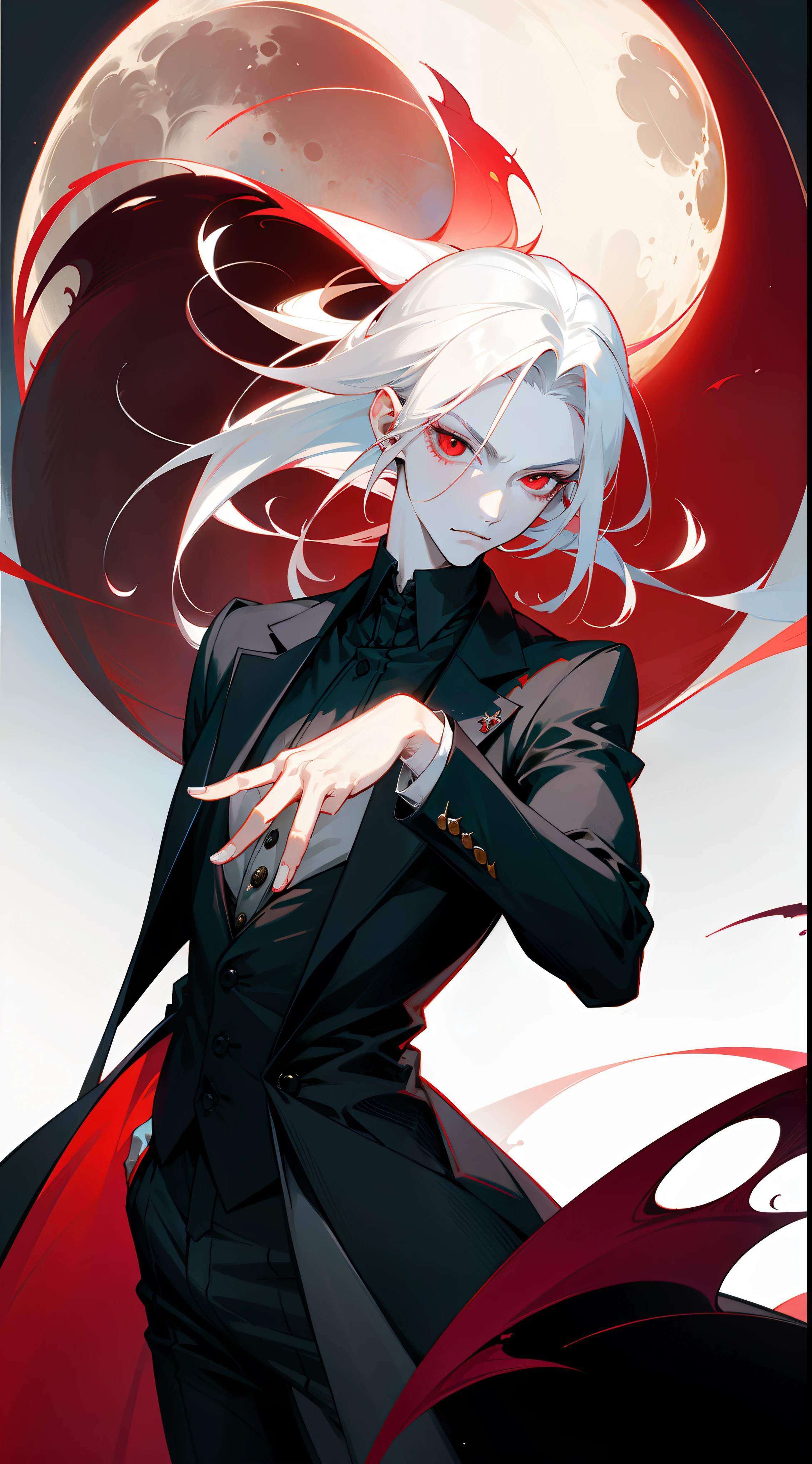With a graceful stance, a male vampire poses for his portrait. His anime-style appearance is enhanced by his long, white hair and striking red eyes. He wears a tailored suit, adding a touch of sophistication to his pale white skin. The full moon shines brightly in the background, adding a touch of mystery to the image.