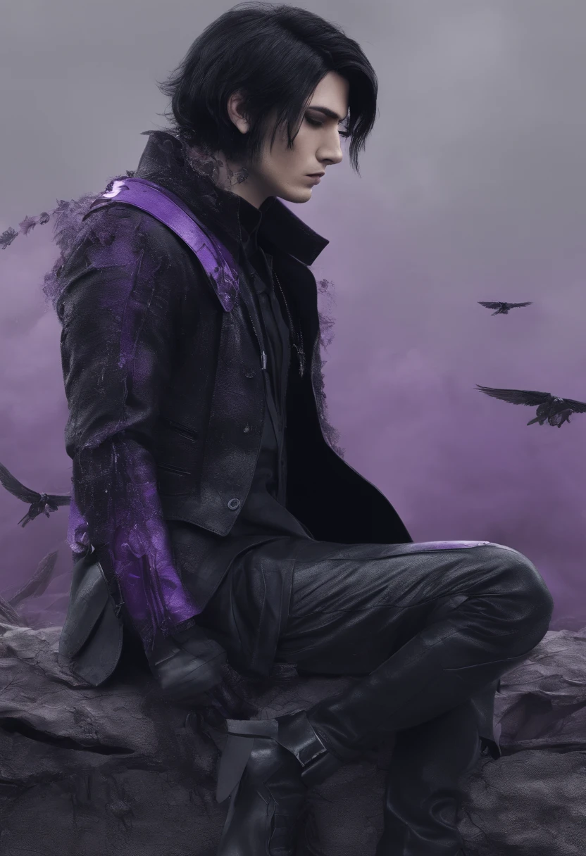 Man with short, straight black hair, closed eyes, beautiful face, apathetic, wearing a black coat with purple details, black fabric pants, black shoes, necklace with a single purple stone. 4k HD, high