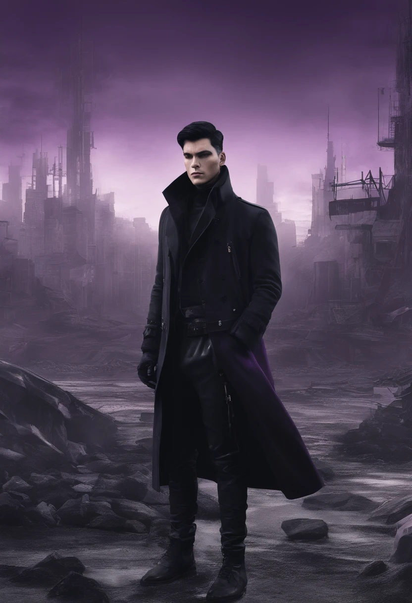 Man with short, straight black hair, closed eyes, beautiful face, apathetic, wearing a black coat with purple details, black fabric pants, black shoes, necklace with a single purple stone. 4k HD, high