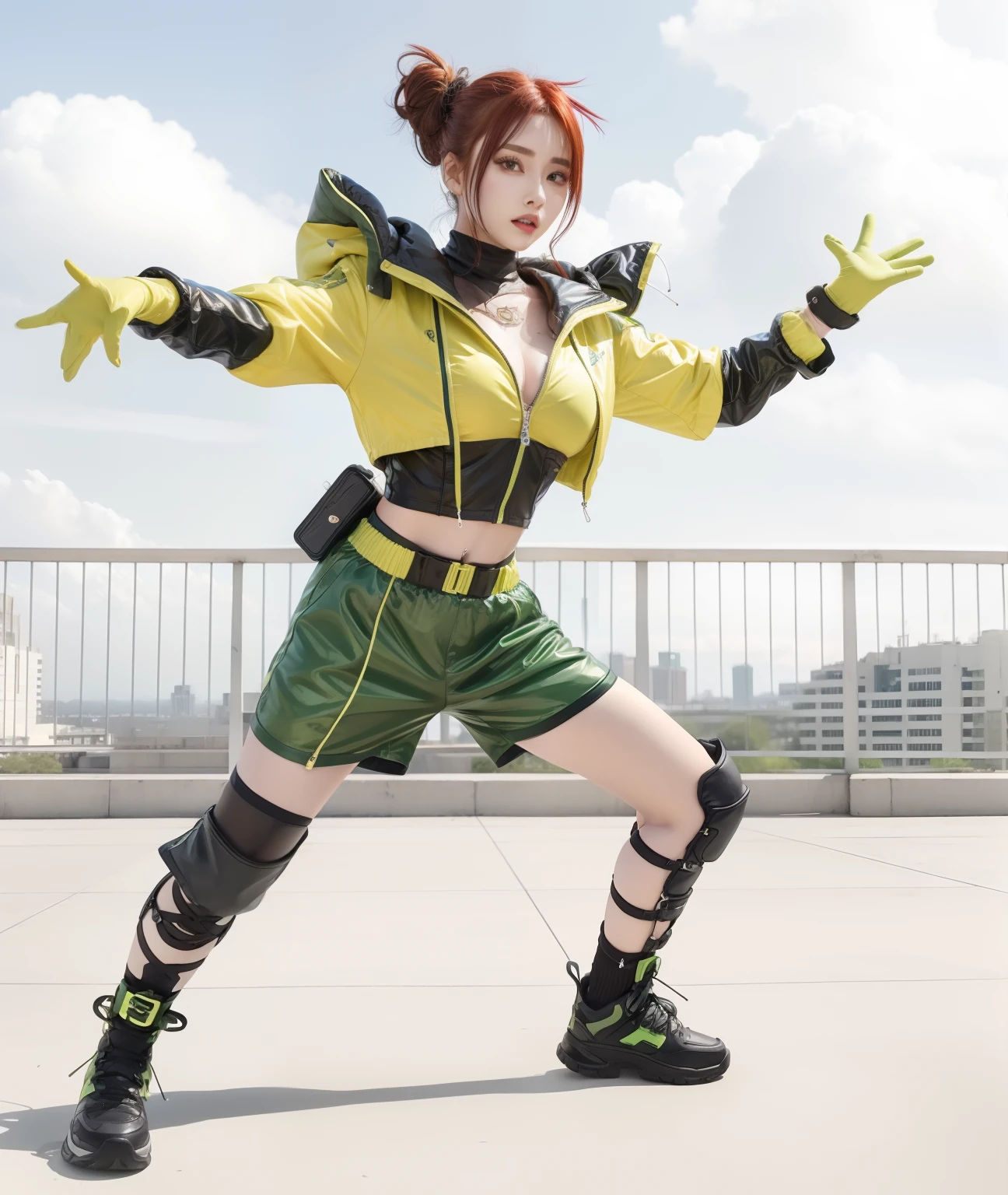 Shiny Green Shorts、Young woman in cyberpunk fashion、Good Style、Red-haired、yellow-tops、Shiny Green Leotard、Idol face、large full breasts、