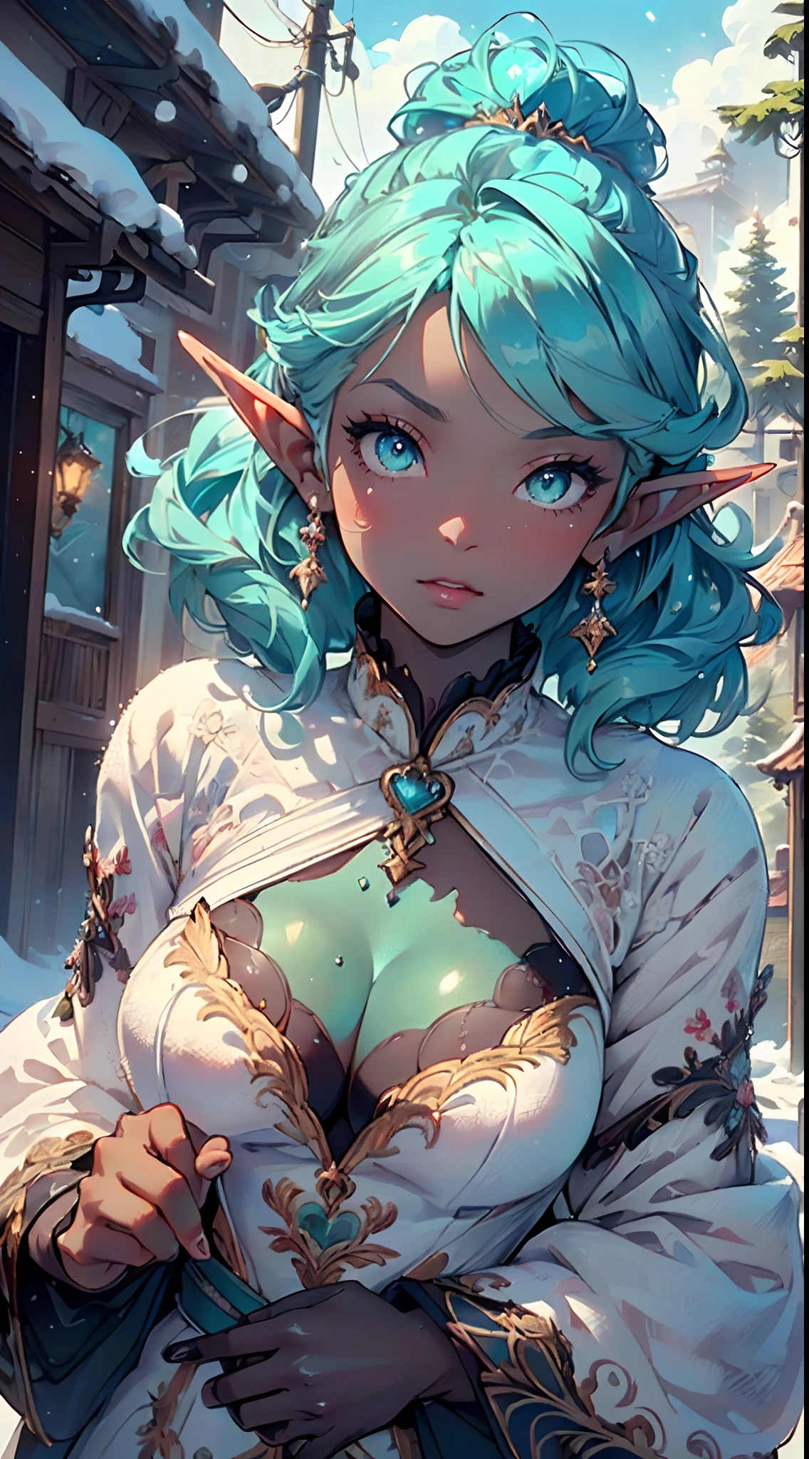 cute loli elf,(((little loli,tiny little body,little))),(((6 years old))),((anime elf loli with extremely cute and beautiful aqua hair)), (((elf,elf ears))),

((lesbian,yuri)),(((flat chest))),((((aqua hair:1.35,undercut aqua hair,colored inner hair,ear breathing)))),(((aqua_eyes:1.3))),intricate eyes,beautiful detailed eyes,symmetrical eyes,big eyes:1.5,(((dark skin,dark_skin,lustrous skin:1.5,bright skin: 1.5,skin tanned,shiny skin,very shiny skin,shiny body,plastic glitter skin,exaggerated shiny skin,illuminated skin))),(,detailed body,(detailed face)),

cute,slutty,erotic,daring,(((nsfw))),

zettai ryouiki,revealing clothing,show skin,(((Sexy aqua fur coat, aqua fur coat outfit, wearing a ice dress:1.3,aqua winter coat))), ((ice dress,elegant ice dress)),(white gloves,white clothes,(((intricate outfit,intricate clothes,embroidered outfit,ornate outfit,embroidered clothes,ornate clothes))),

(dynamic pose:1.0),embarrassed,(centered,scale to fit dimensions,Rule of thirds),

((snowy pine forest at night)), with dark stormy clouds,winter,scenery:1.25,((snow forest background)),Christmas tree,

highres,sharp focus,(ultra detailed,extremely detailed),(photorealistic artwork:1.37),(extremely detailed CG unity 8k wallpaper),(((vibrant colors,vibrant theme))),(intricate),(masterpiece),(best quality),