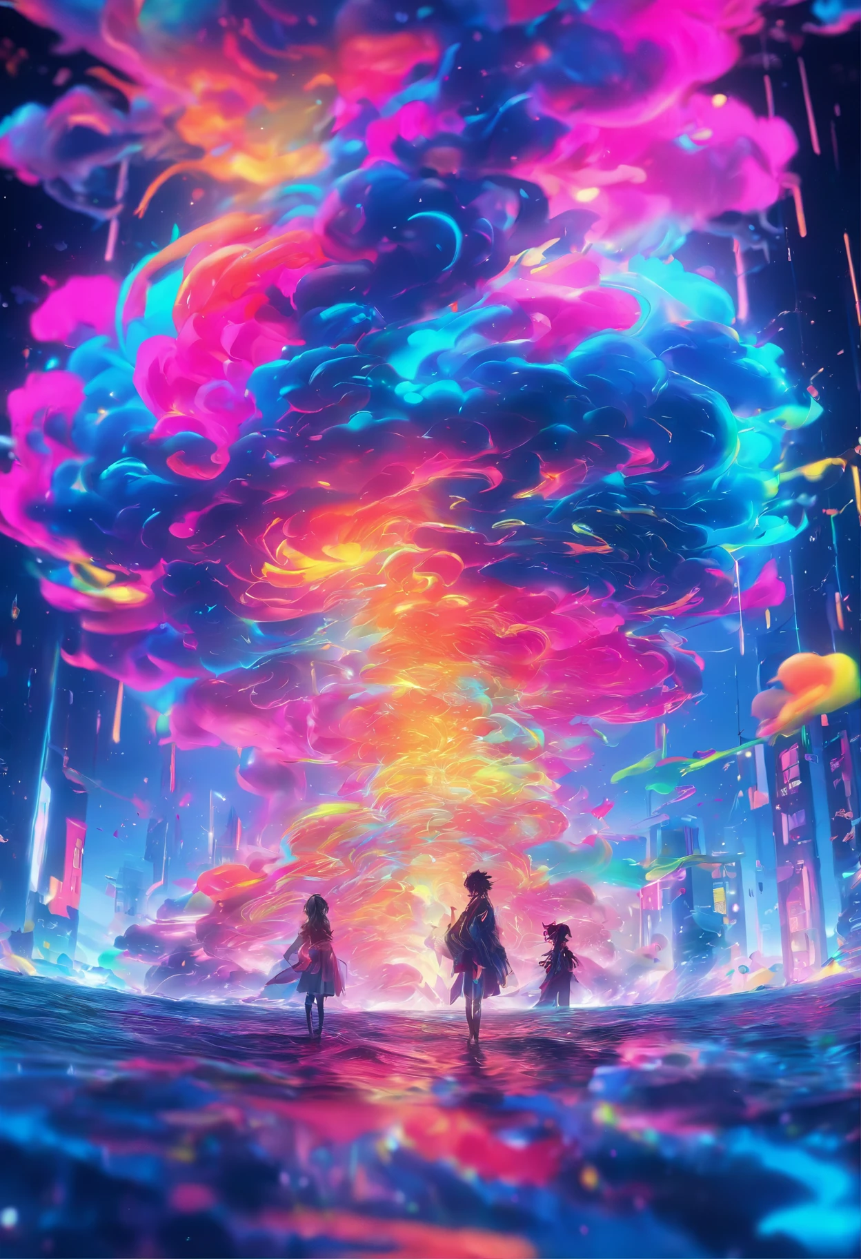 Make a masterpiece. When the world collides. swirling liquid rainbow color paint, neon Paint drip, in the style of triple exposure photography. Unreal, octane render, vibrant neon colors, extremely cinematic, very powerful photography, national geographic photography.