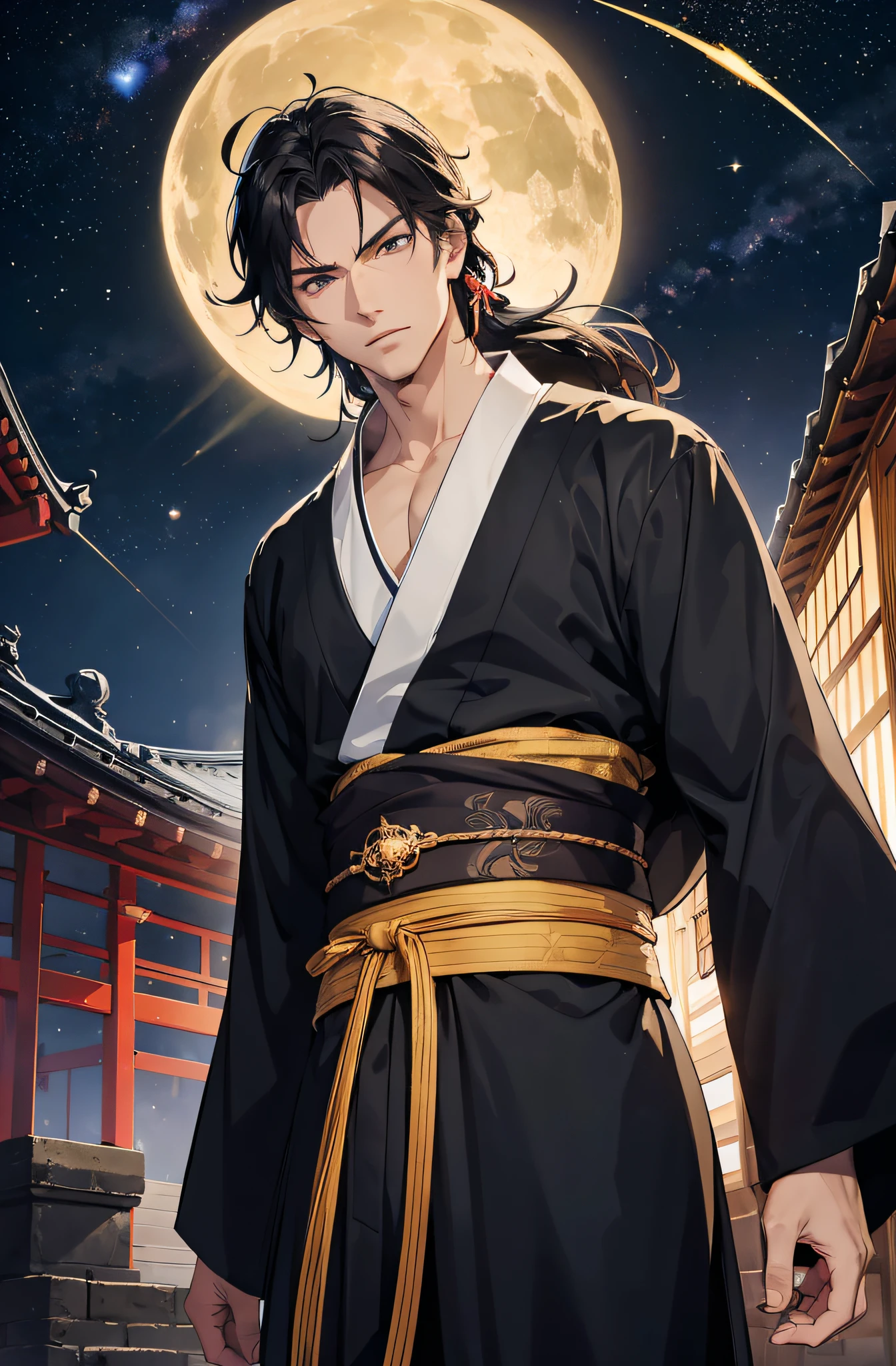 (Meisterwerk), best quality, ultra-high resolution, ((Ein Mann)), ((masculine)), elegant, japanischer Gott, Tsukuyomi, ausdrucksstarke Augen, Perfektes Gesicht, half body, Blick auf den Betrachter, dutch angle, Cowboy erschossen, (langes schwarzes Haar), (Goldene Augenfarbe), stattlich, night time, Mondsichel, (Japanische Kleidung, schwarz-blauer Kimono), Hagoromo, Sieg, Dynamisches Licht, Beautiful colors, Milky Way, FESTPLATTE