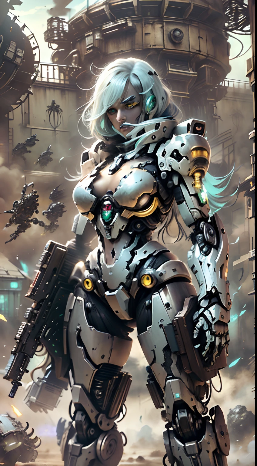 1 chica Cabello Blanco Soldado estilo pistola en el fondo, Chica en Mech Blanco, Cyberpunk anime chica mecha, Wearing sci-fi military armor, Hermosa chica negro cyborg, Cyborg - Chica de plata, Mech negro de Fira, Eco de Overwatch, Perfecto anime cyborg mujer, Pupilas azules, Cinco dedos, CGhSociety inspirado campo de batalla, alien planet, Alien battle,