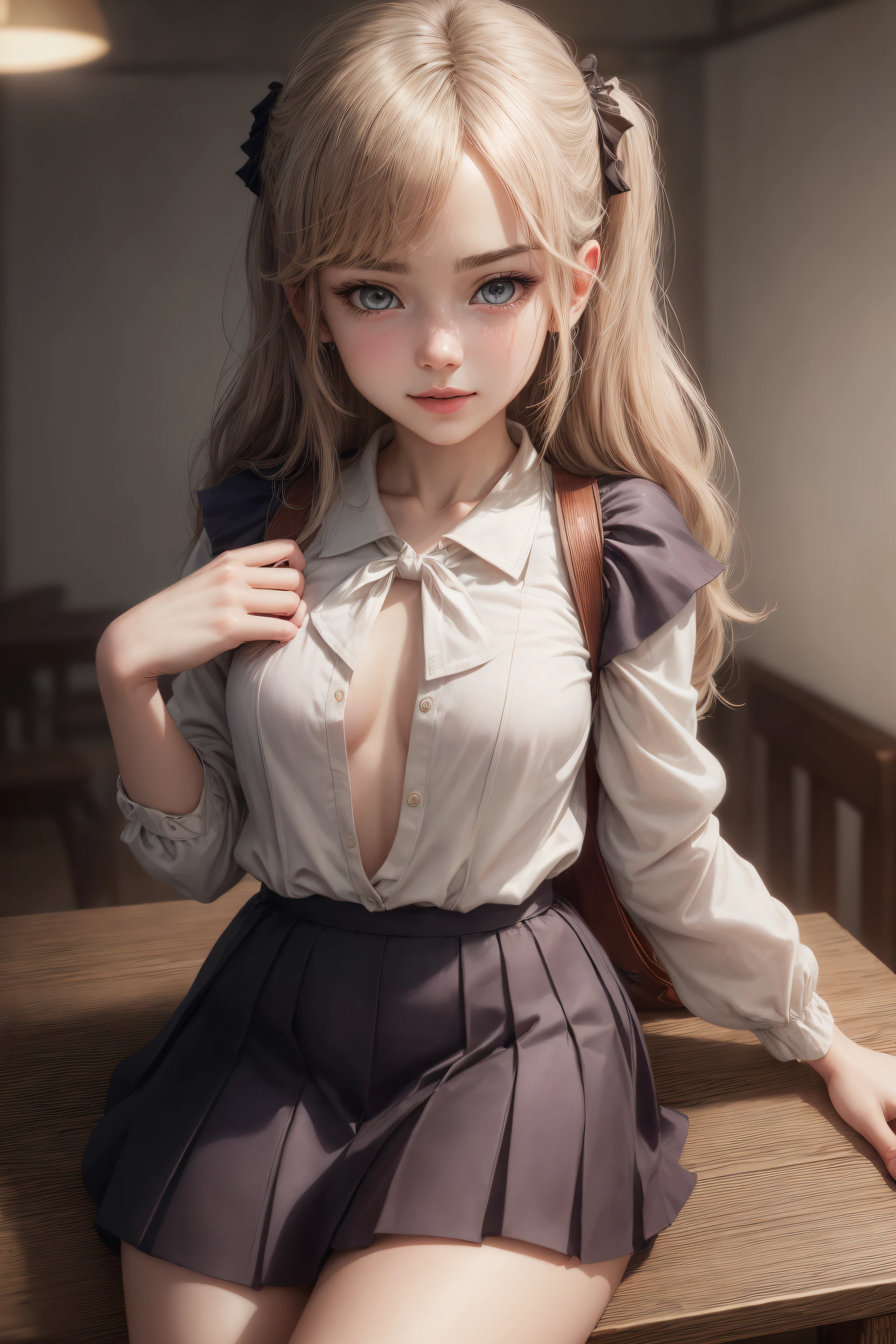 girl in a classroom wearing a short light blue pleated skirt, ((white blouse)), blue school tie, , (((small tits, small and flat chest)))alluring, ((seductive look)), cleavage, seductive smile, shaggy hair, Beautiful face, beautiful eyes, Beautiful mouth, ((hair band)), looking at the viewers, (Bokeh:1.1), sat on a desk.