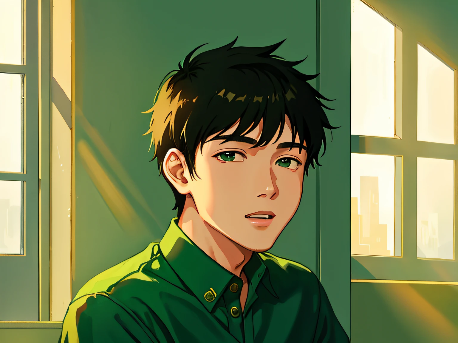 there is a young boy sitting in a room with a green shirt, 18 years old, 1 , john jude palencar, ramil sunga, ayan nag, 2 2 years old old, 21 years ars old, 2 4 years old, aroun old, with accu