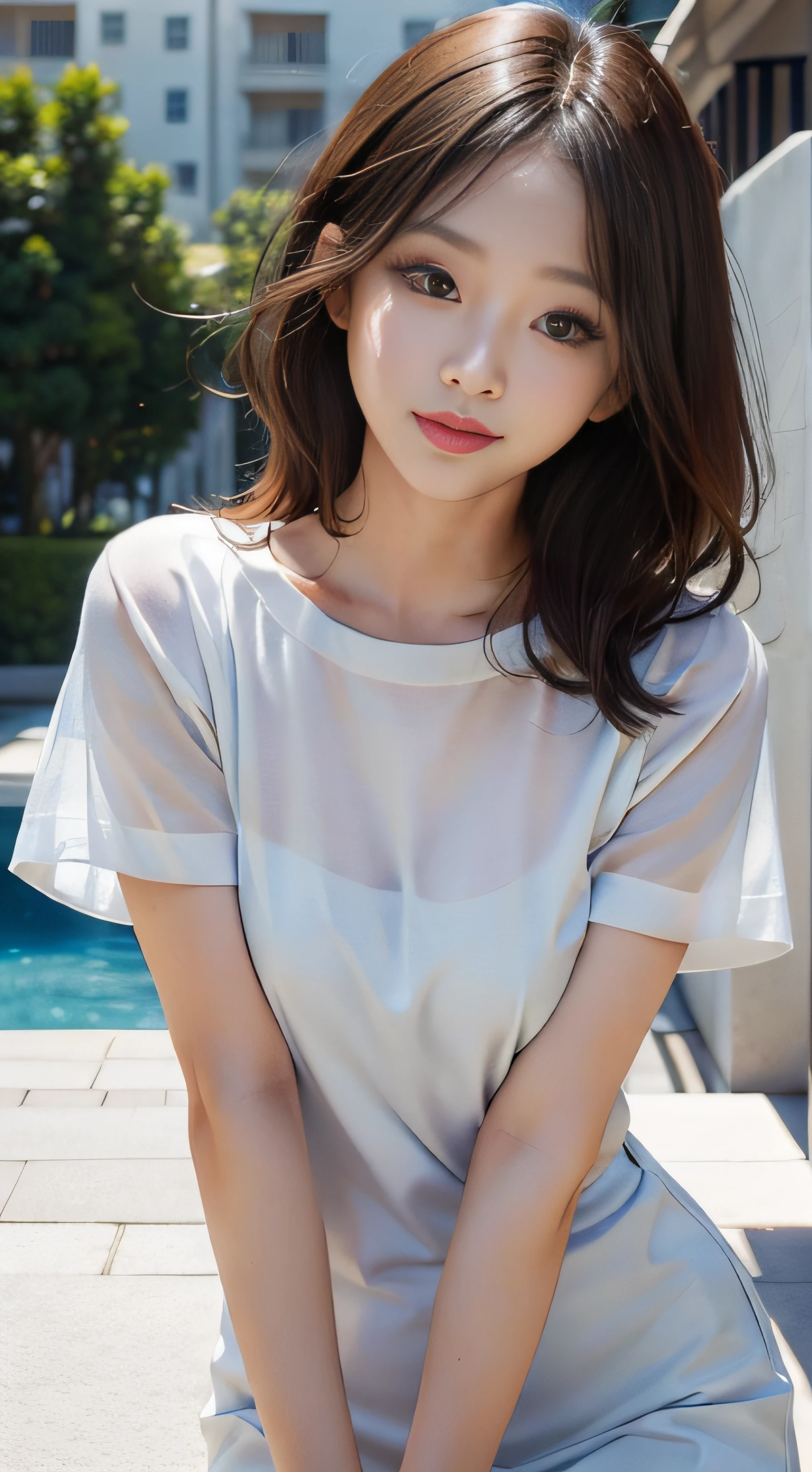 ​masterpiece、Top image quality:1.2、((beautiful young woman with))、Transparent skin:1.2、{A slight smil}、(kawaii)、Short sleeve knit、luxury hotel、depth of fields、Sharp Focus