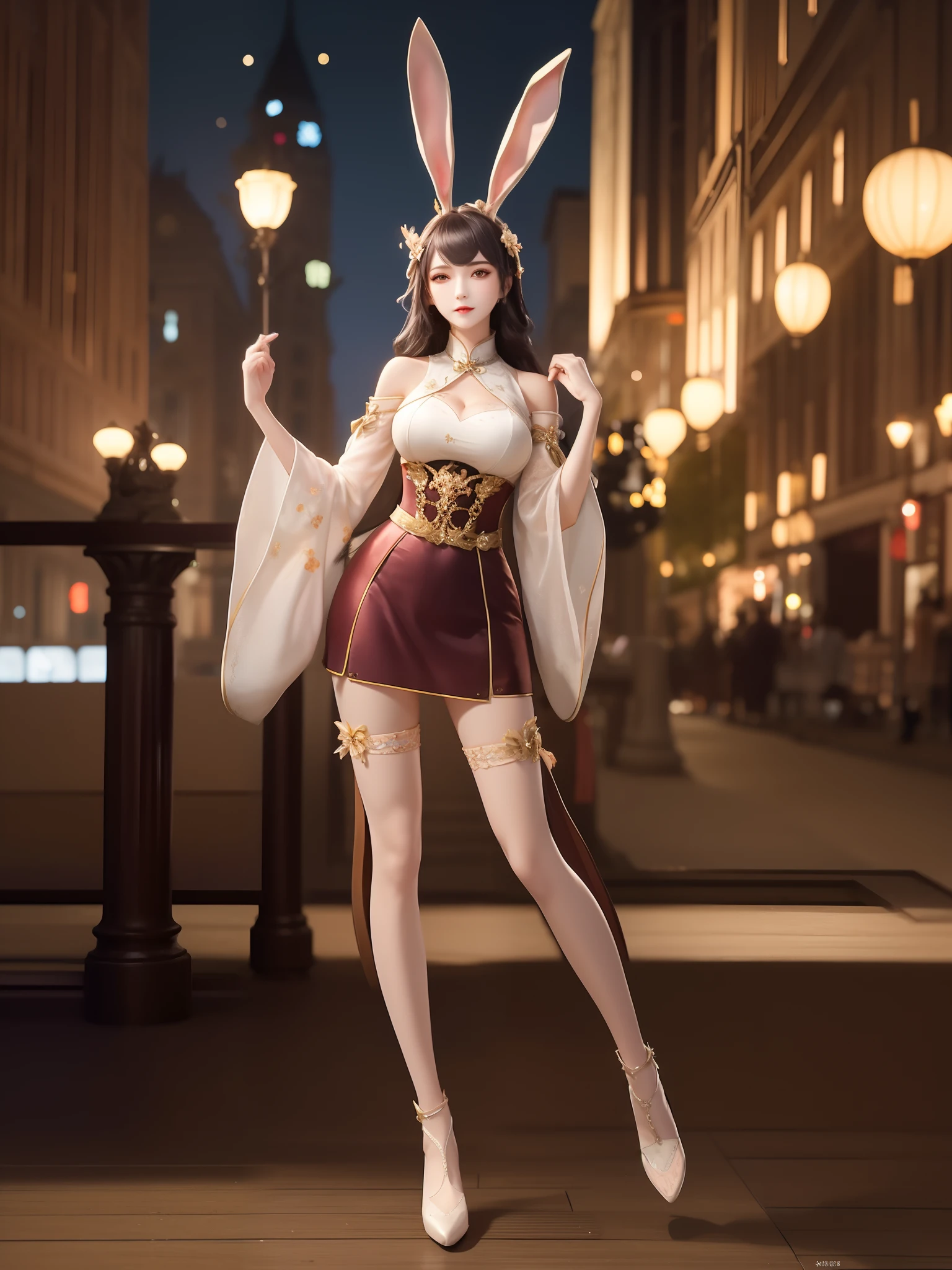 1girl,mature female, looking at viewer, cityscape, night, hair ornament, long hair, fake animal ears, skirt,shirt,clothing cutout, rabbit ears, detached sleeves, fancy outfits poses, full body