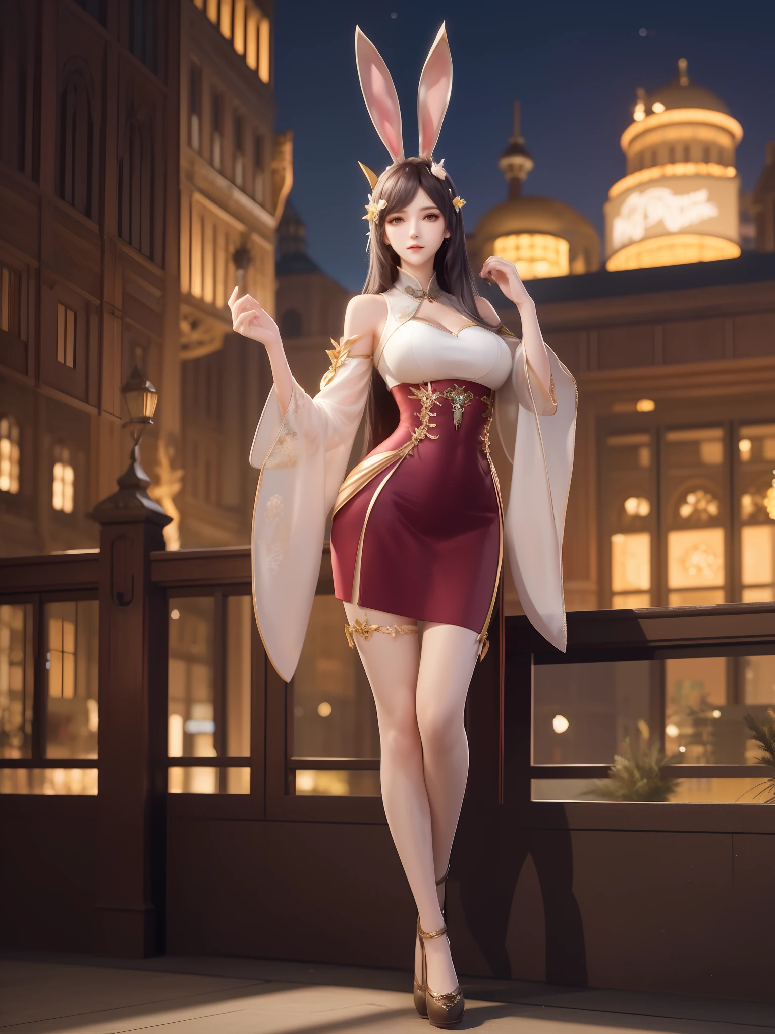 1girl,mature female, looking at viewer, cityscape, night, hair ornament, long hair, fake animal ears, skirt,shirt,clothing cutout, rabbit ears, detached sleeves, fancy outfits poses, full body