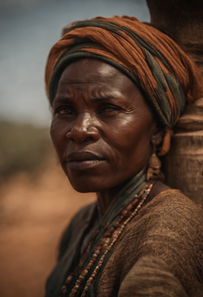 African woman carrying her on the back and carrying firewood on her head with goat in her hand dramatic lighting, hyper - realistic, ultra - realistic, intricate details, 8 k ultra high definition, octane render