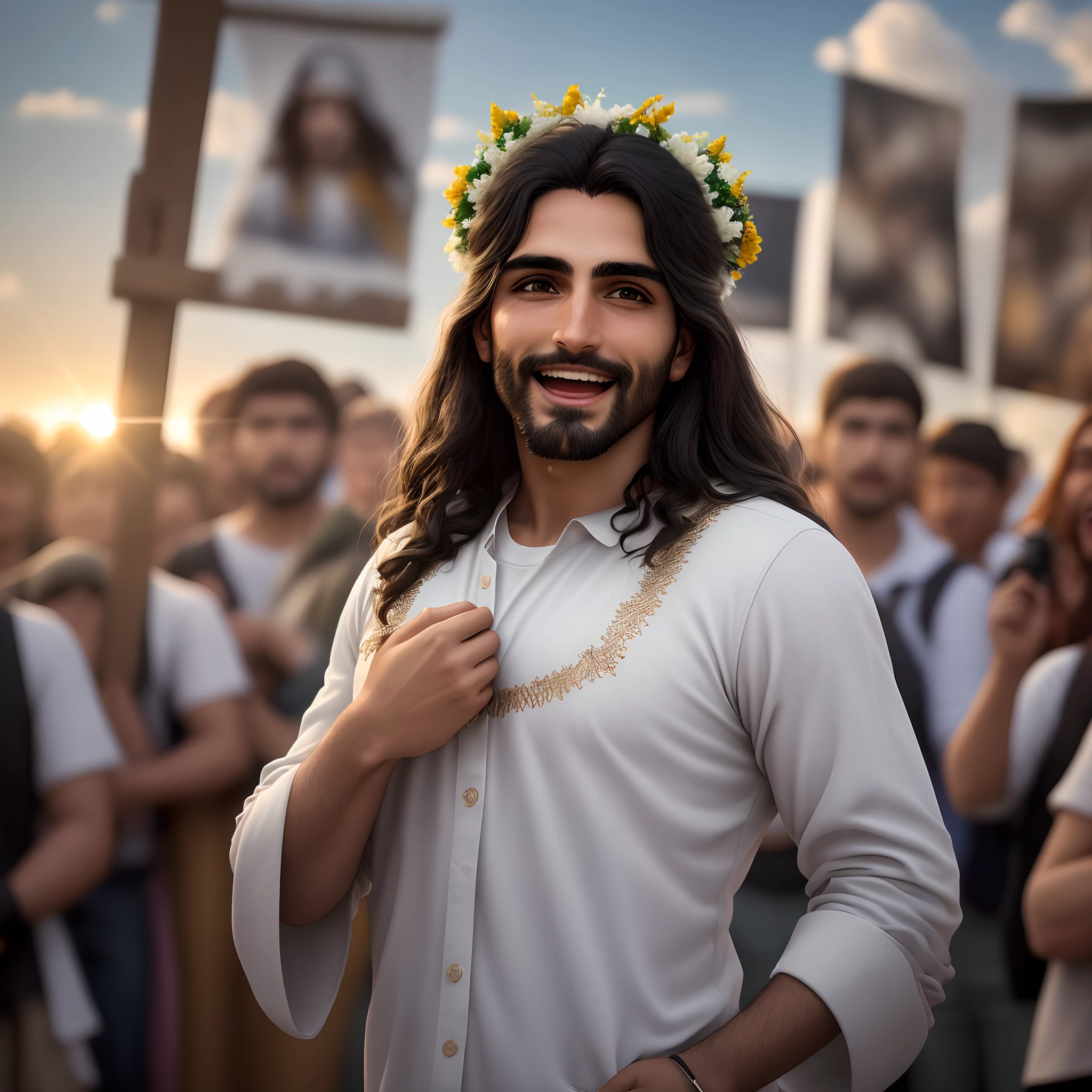 Jesus masculino, looking up at the sky, detalhe do seu rosto perfeito, vestes estilo Roma antiga, divine light coming out of heaven coming out of Jesus and spreading around, raios de sol, cinematiclight, Jesus com um rosto emanando sabedoria, with an expression of joy and a crowd like the Brazilian or mestizo, looking at Him with expressions of delight and admiration;. Imagem perfeita de Jesus, detalhes dos olhos molhados, pele (arrepio: 0,5) the disciples also in the crowd protecting Jesus;;, cinematic lighthing, profundidade de campo, Bokeh, Realismo, Foto realista, hiper-realismo, fotografia profissional, UHD, DSLR, HDR.