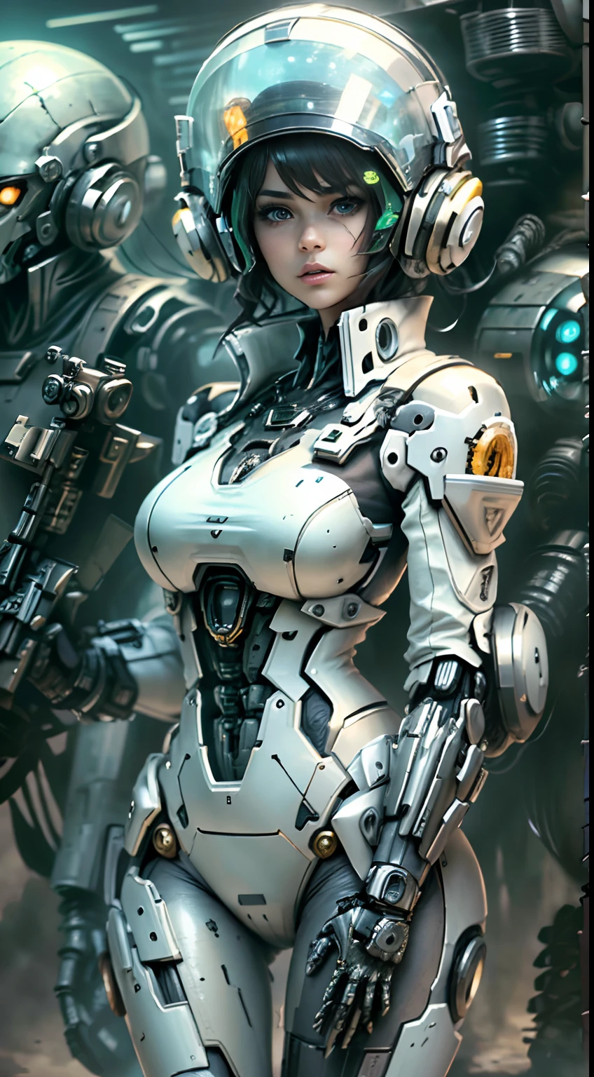 1 chica Cabello Blanco Soldado estilo pistola en el fondo, Chica en Mech Blanco, Cyberpunk anime chica mecha, Wearing sci-fi military armor, Hermosa chica negro cyborg, Cyborg - Chica de plata, Mech negro de Fira, Eco de Overwatch, Perfecto anime cyborg mujer, Pupilas azules, Cinco dedos, CGhSociety inspirado campo de batalla, alien planet, Alien battle,