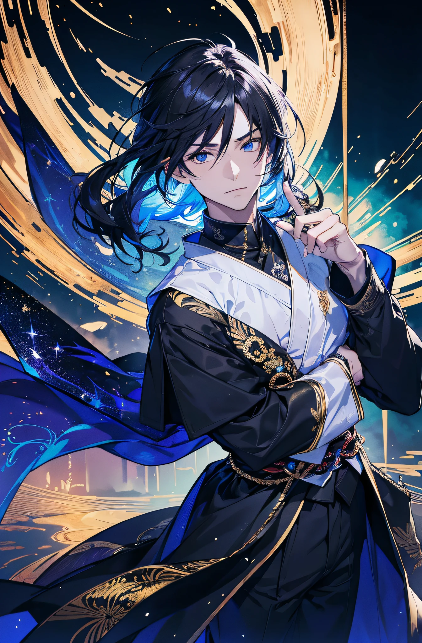 (Meisterwerk), best quality, ultra-high resolution, ((Ein Mann)), ((masculine)), elegant, japanischer Gott, Tsukuyomi, ausdrucksstarke Augen, Perfektes Gesicht, half body, Blick auf den Betrachter, dutch angle, Cowboy erschossen, (langes schwarzes Haar), (Goldene Augenfarbe), stattlich, night time, Mondsichel, (Japanische Kleidung, schwarz-blauer Kimono), Hagoromo, Sieg, Dynamisches Licht, Beautiful colors, Milky Way, FESTPLATTE