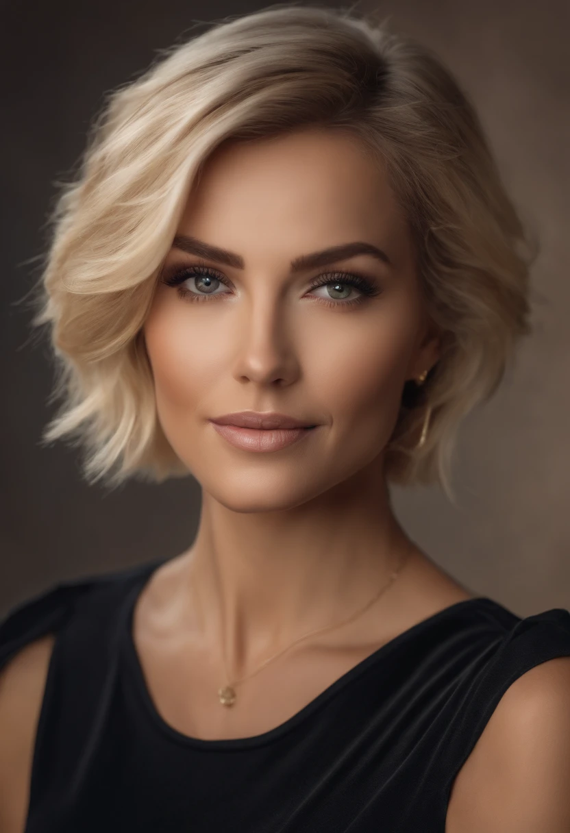 WOMAN WITH SHORT BLONDE HAIR, AGE APPROXIMATELY 30 YEARS, ULTRA REALISTIC 4K STYLE PHOTO, MANICURE, BROWN EYES, SUPER CHARISMATIC.