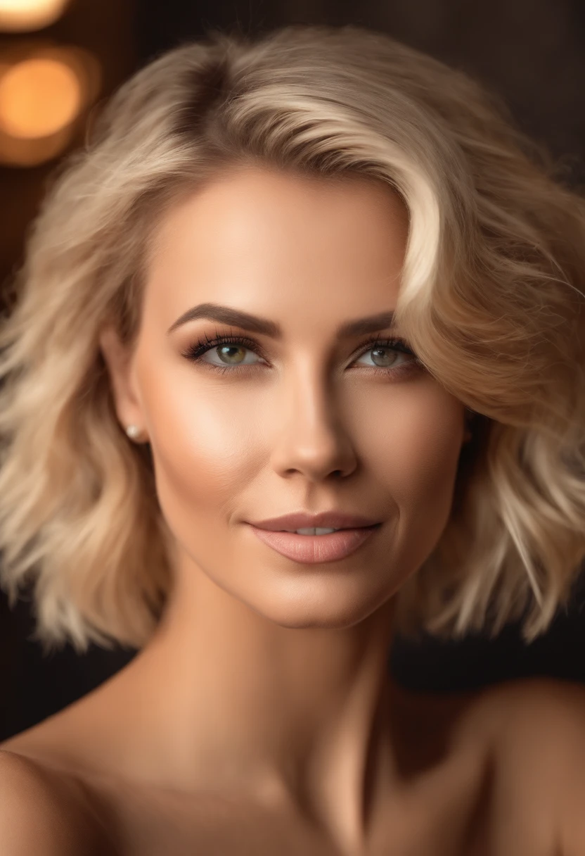 WOMAN WITH SHORT BLONDE HAIR, AGE APPROXIMATELY 30 YEARS, ULTRA REALISTIC 4K STYLE PHOTO, MANICURE, BROWN EYES, SUPER CHARISMATIC.