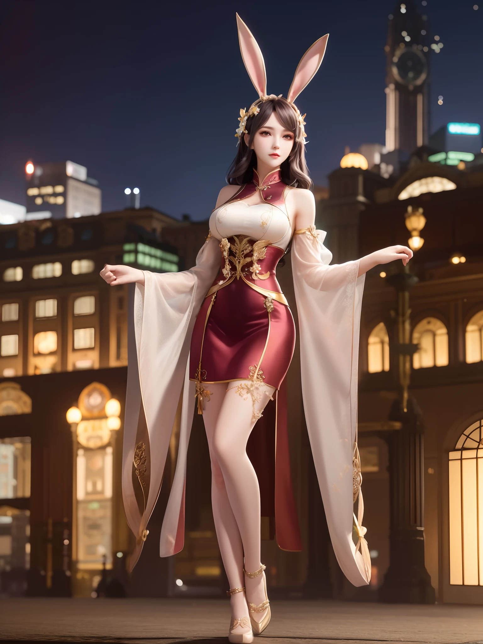 1girl,mature female, looking at viewer, cityscape, night, hair ornament, long hair, fake animal ears, skirt,shirt,clothing cutout, rabbit ears, detached sleeves, fancy outfits poses, full body