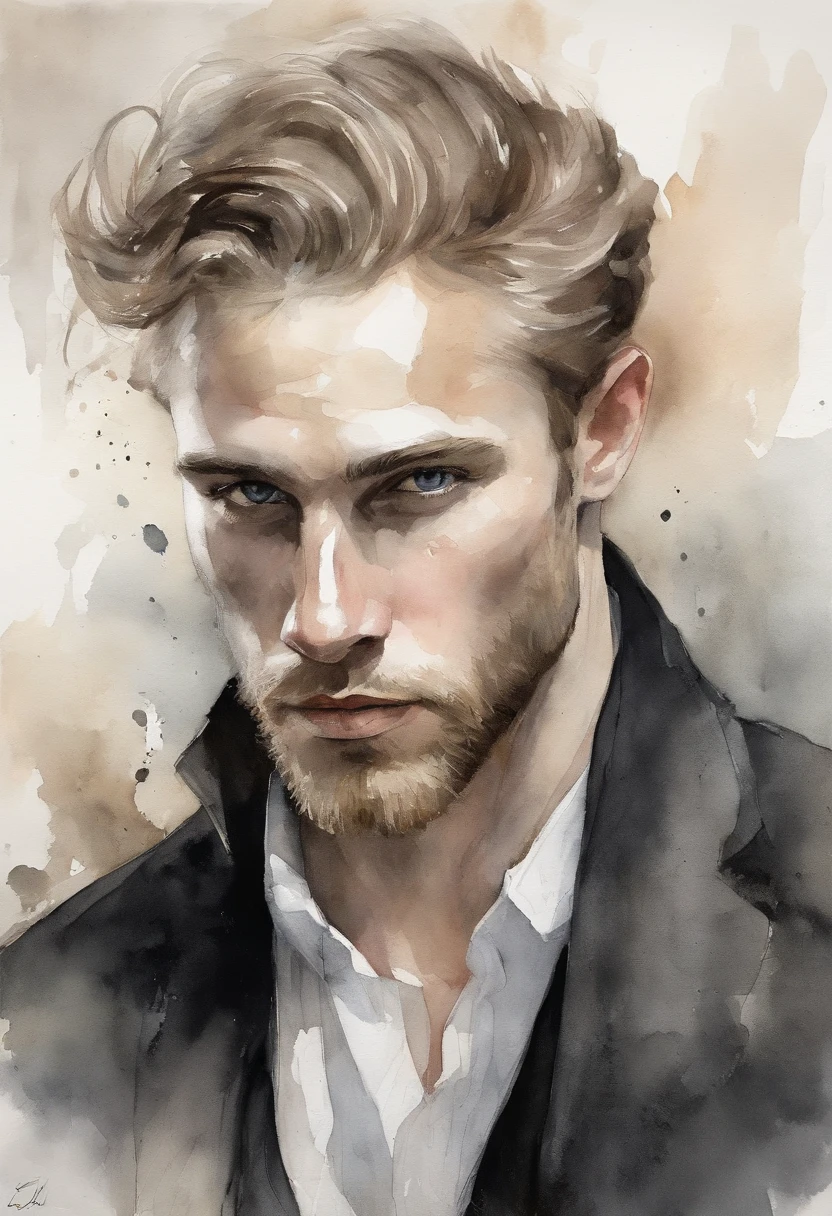 Pale skin and a gaunt face. Romanian ethnicity with messy blond hair and short beard. Wearing a black suit and black shirt, with intense almond eyes smouldering. A sense of power and authority. A rugged appearance. Young man. tiered eyes