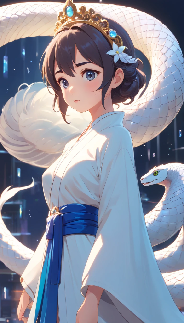 Pixar style super cute anthropomorphic White Snake， wearing hanfu and crystal crown, standing, charming big eyes, lovely tail, standing, surreal, super fine, luxurious, elegant standing, charming big eyes, lovely tail, standing, surreal, super detailed, luxurious, elegant, complex, gorgeous, illusory engine, octane rendering, 8K, VRAY surrealism