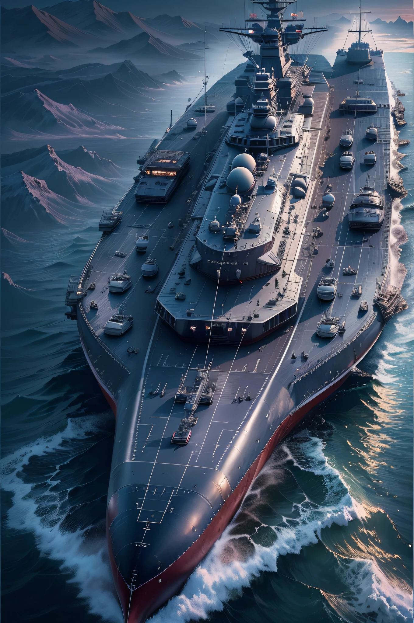 (Best Quality,4K,8K,hight resolution,masutepiece:1.2),Ultra-detailed,(Realistic,Photorealistic,Photorealsitic:1.37),Raging spacefly alafed battleship, Perfect battleship design with realistic military background, Stunning naval battles, battleship, warships, Kankore Style, mobile wallpaper, battleship, Large-scale naval battles with fantastic fantasy elements, Yamato Battleship, Fleet Collection Arcade, High quality, Ultra-detailed, submarine, Surrounded by shades of purple