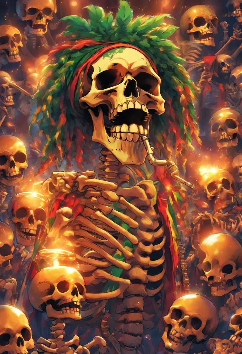 reggae, illustratio,Matte Effect[Matte Fukuto][Matt Fukuto], artistic,Singing, microphone, alcohol,skull, captain, Reggae skeletons are singing,livestream, banquet,wall paintings, goblet, a pirate, Skeleton Mask