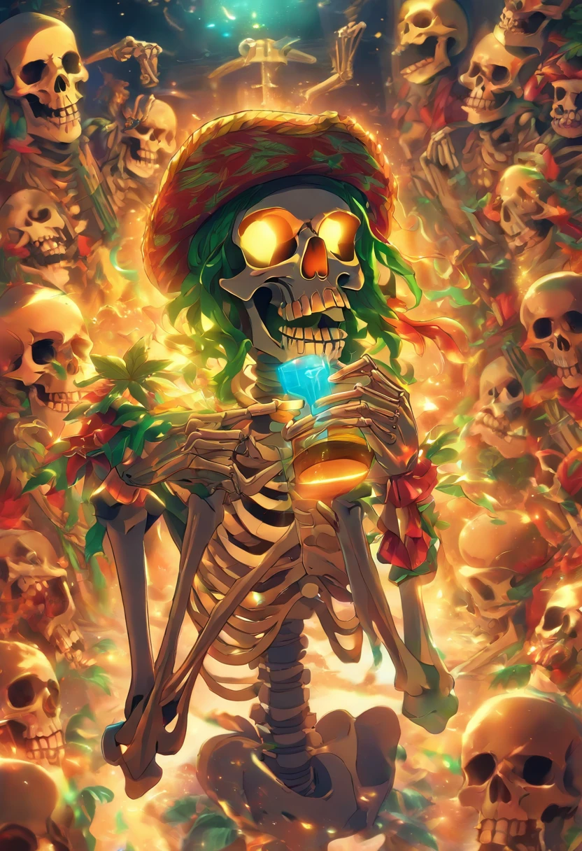 reggae, illustratio,Matte Effect[Matte Fukuto][Matt Fukuto], artistic,Singing, microphone, alcohol,skull, captain, Reggae skeletons are singing,livestream, banquet,wall paintings, goblet, a pirate, Skeleton Mask