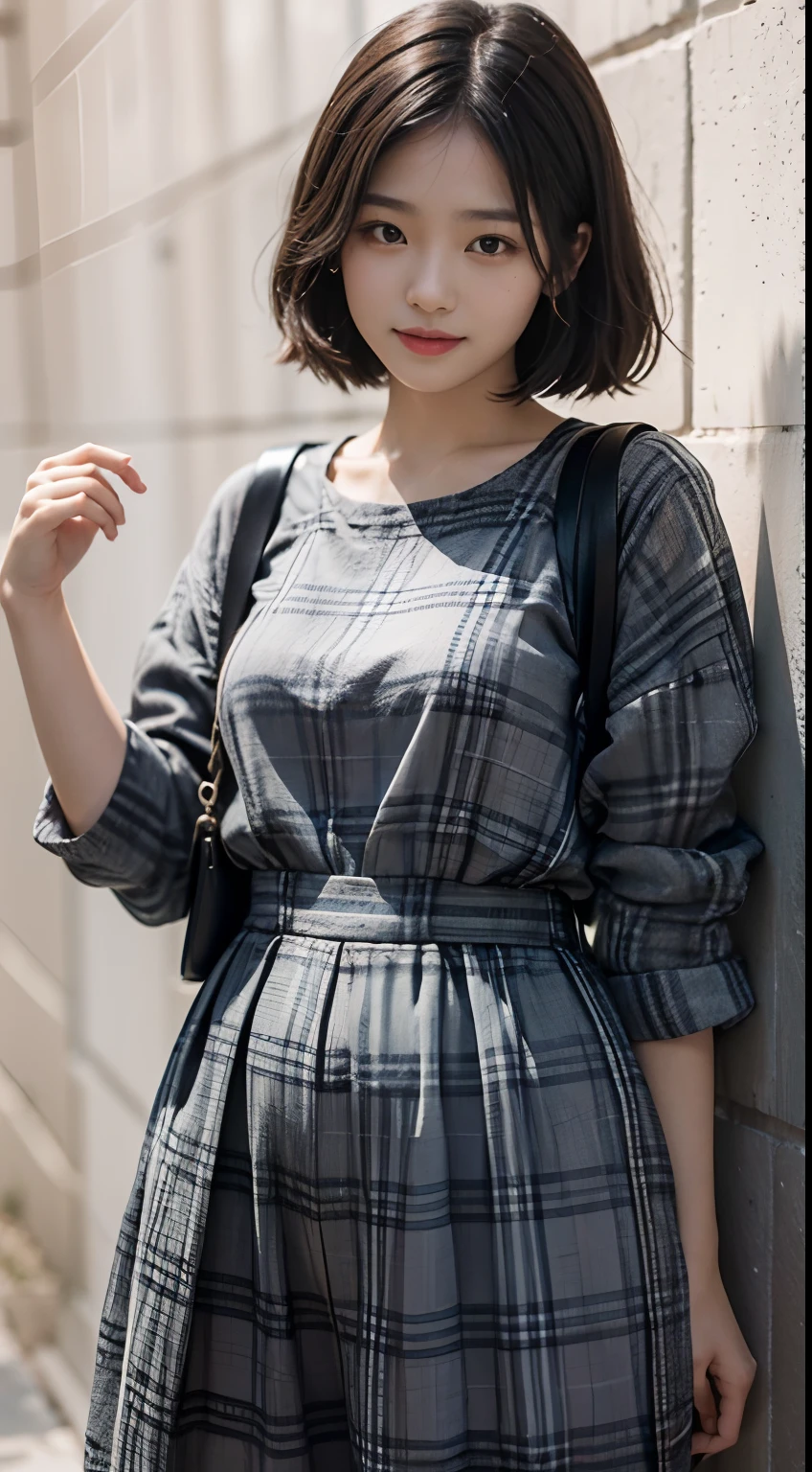 tmasterpiece，super high image quality，真实感，Three-dimensional feeling，physically-based renderingt，8K，Short black shoulder-length hair，A female high school student，Chinese face，Medium height，with a good figure，Plaid shirt，long trousers，Dress generously，Back against the wall，stand posture，Front Shooting，fully body photo，ssmile，slightly red face，The background is real，Look at the audience，Well laid out，SLR shooting，