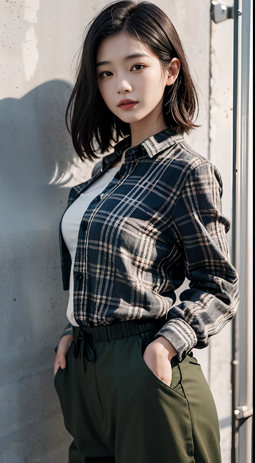 tmasterpiece,super high image quality,真实感,Three-dimensional feeling,physically-based renderingt,8K,Short black shoulder-length hair,A female high school student,Chinese face,Medium height,with a good figure,Plaid shirt,long trousers,Dress generously,Back against the wall,stand posture,Front Shooting,fully body photo,ssmile,slightly red face,The background is real,Look at the audience,Well laid out,SLR shooting,