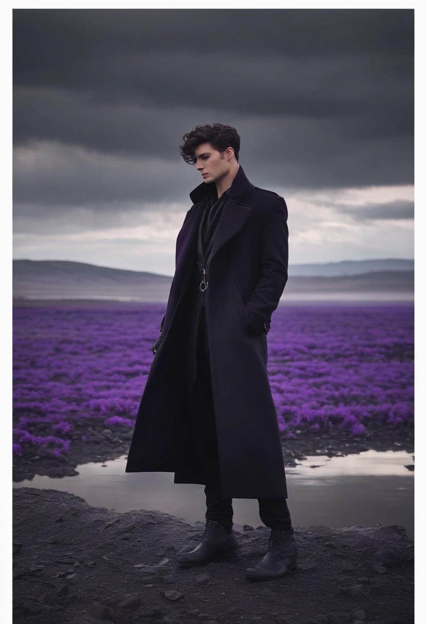 Short hair man plain black, eyes closed, beautiful, apathetic face, wearing a black coat with purple details, black fabric pants, black shoes, necklace with a single purple stone. 4KHD, in front of a devastated Horizon, a kingdom in ruins dominated by nature.
