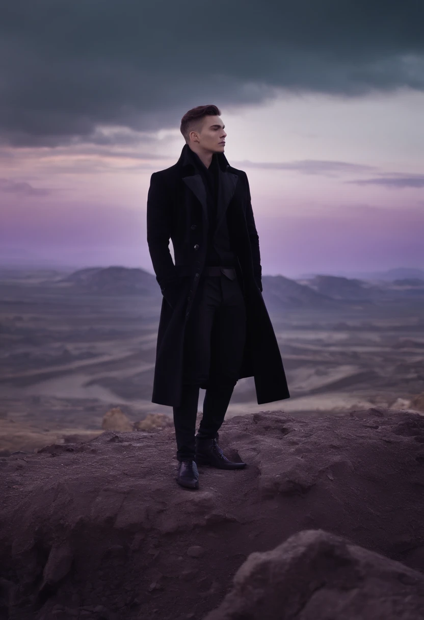 Short hair man plain black, eyes closed, beautiful, apathetic face, wearing a black coat with purple details, black fabric pants, black shoes, necklace with a single purple stone. 4KHD, in front of a devastated Horizon, a kingdom in ruins dominated by nature.
