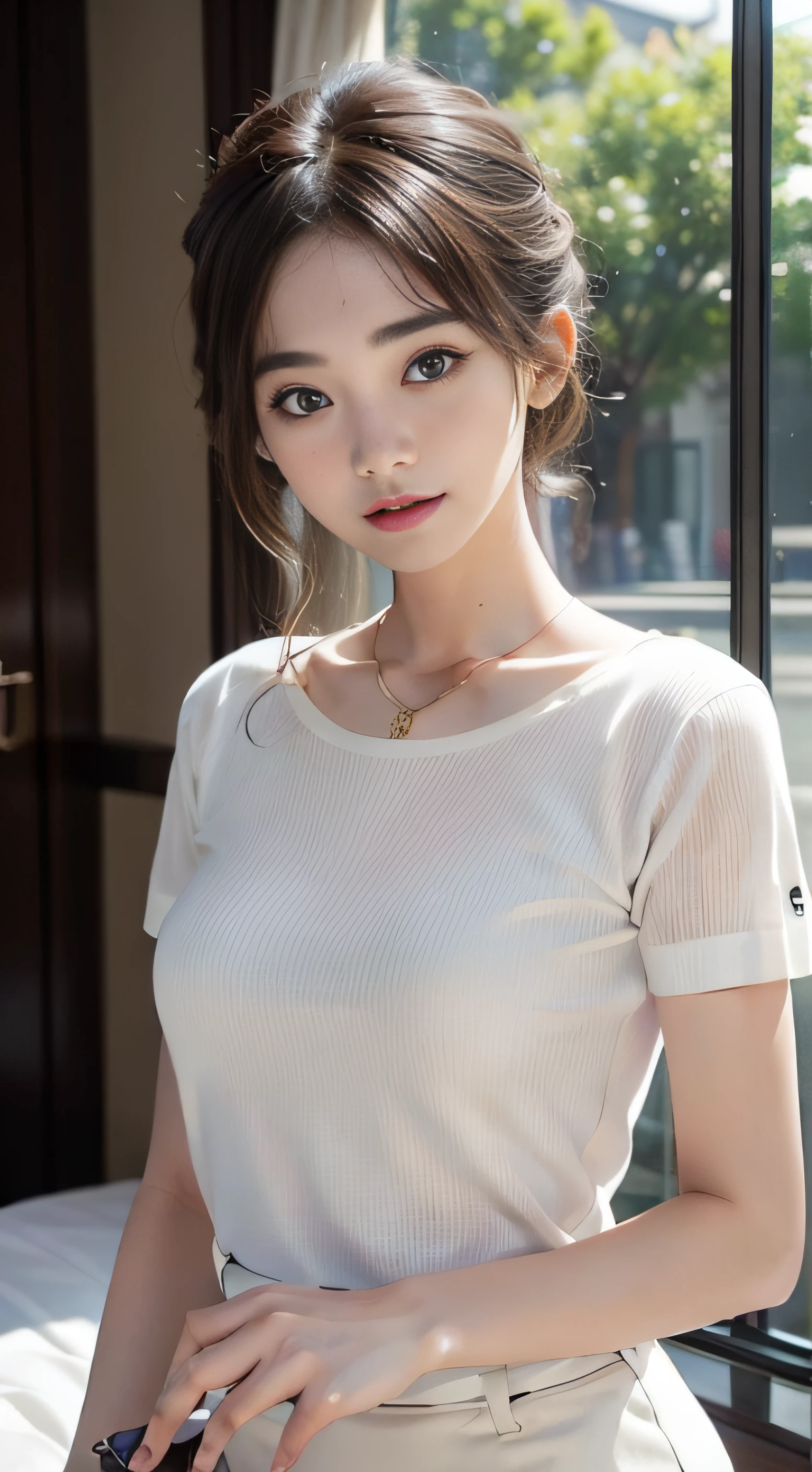 ​masterpiece、Top image quality:1.2、((beautiful young woman with))、Transparent skin:1.2、{A slight smil}、(kawaii)、Short sleeve knit、luxury hotel、depth of fields、Sharp Focus、Fine details