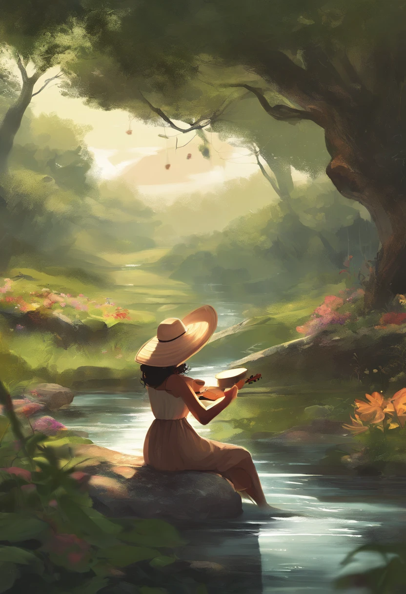 1mulher bonita (sozinho) com cabelos pretos, tocar um ukulele, wearing a large rounded hat, sitting under the tree, Raio de sol em seu rosto , behind the Stream , e a floresta no parque 8k,